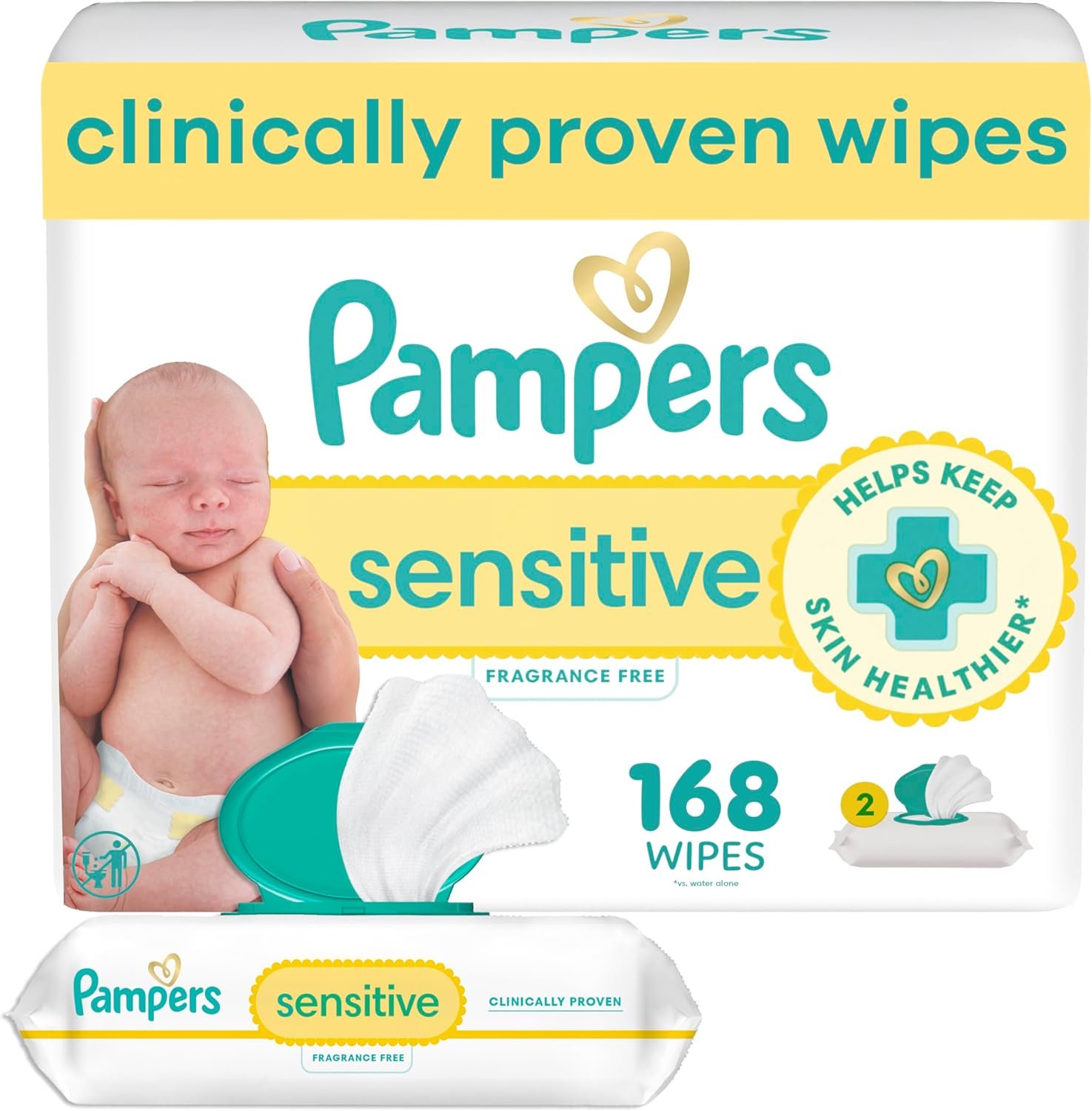 Pampers Sensitive Baby Wipes, Water Based, Clinically Proven, Hypoallergenic, and Unscented for Babies, 168 Wipes Total (2 Flip-Top Packs) [Packaging May Vary]