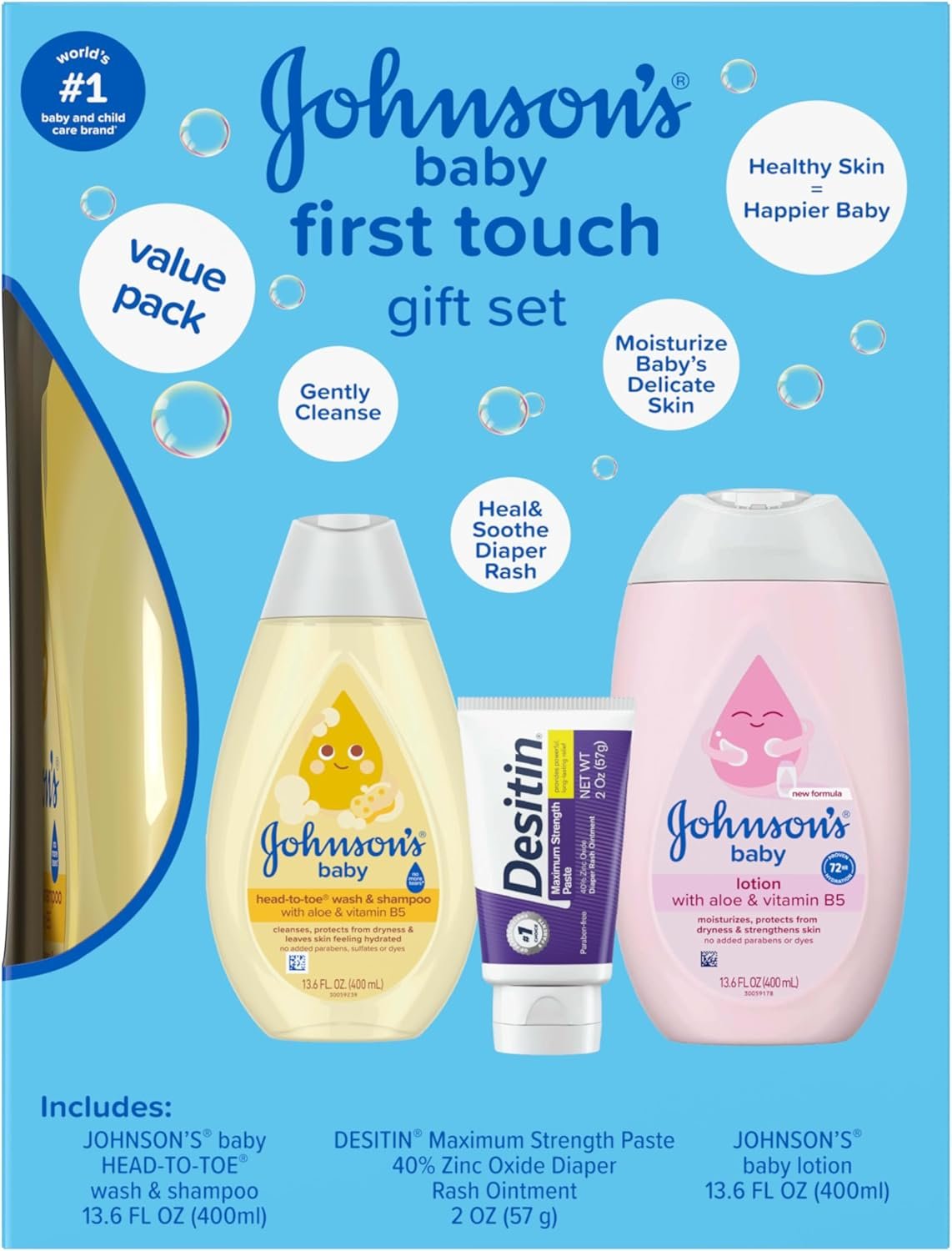 Johnson’s First Touch Baby Essentials Gift Set with Body Wash & Shampoo, Body Lotion, & Zinc Oxide Diaper Rash Cream for Baby’s Delicate Skin, Hypoallergenic, No Parabens or Dyes, 3 Items