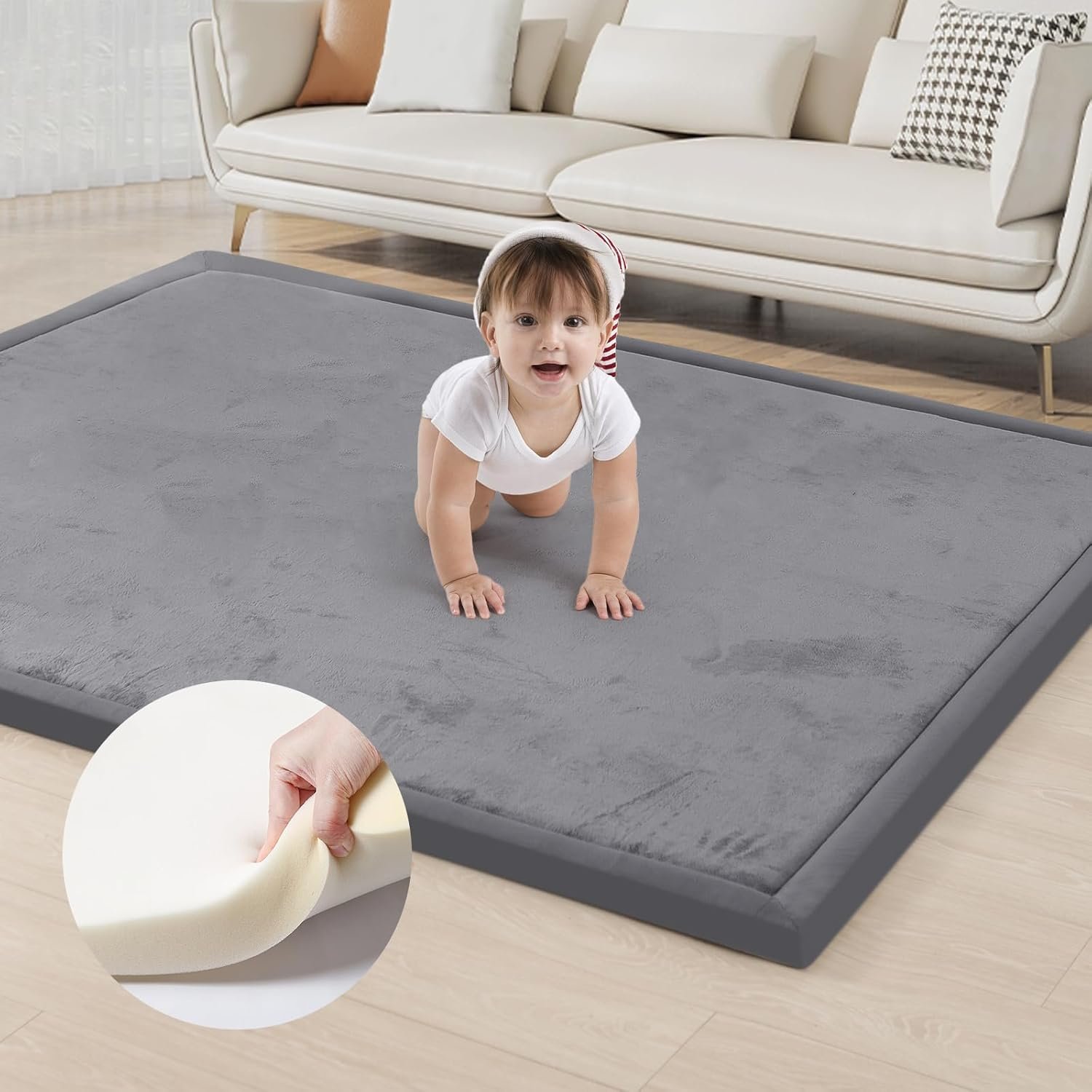 ACOMOPACK Baby Play Mat for Floor 1.3″ Thick Memory Foam Play Mat 59″×71″ Tummy Time Crawling with Non-slip Bottom for Living Room,Nursery,Soft Velvet Playpen Mats for Kids,Infants（Dark Grey）