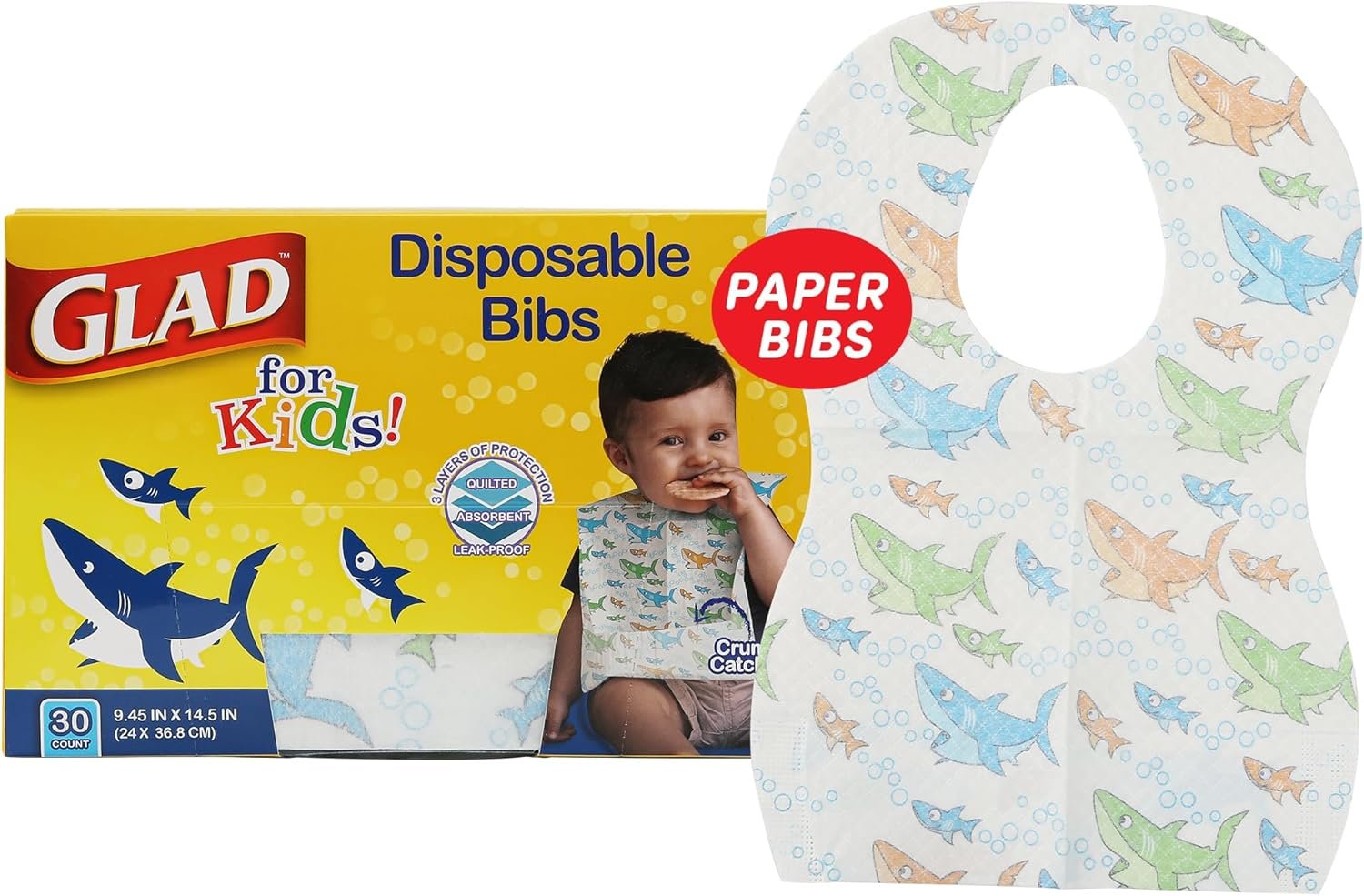 Glad for Kids Shark Disposable Paper Bibs with Crumb Catcher, Absorbent Leakproof Bibs for Toddlers and Babies, Mess Free Feeding, Crafts, Parties, and Travel Use, 30 Count