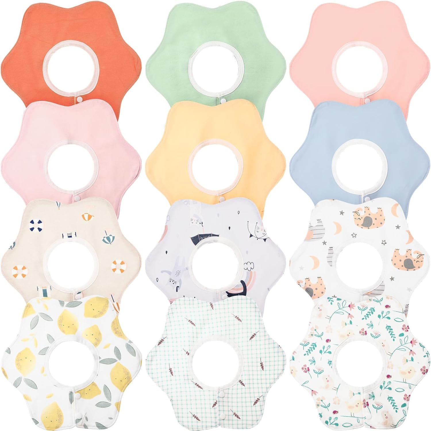 JaGely 12 Pack 360° Rotate Cotton Baby Bibs Newborn Waterproof Muslin Bib for Teething and Feeding, Unisex Baby Bibs for Toddler, Snap Cotton Absorbent Infant Drool Burp Cloth for Infant 0-12 Months