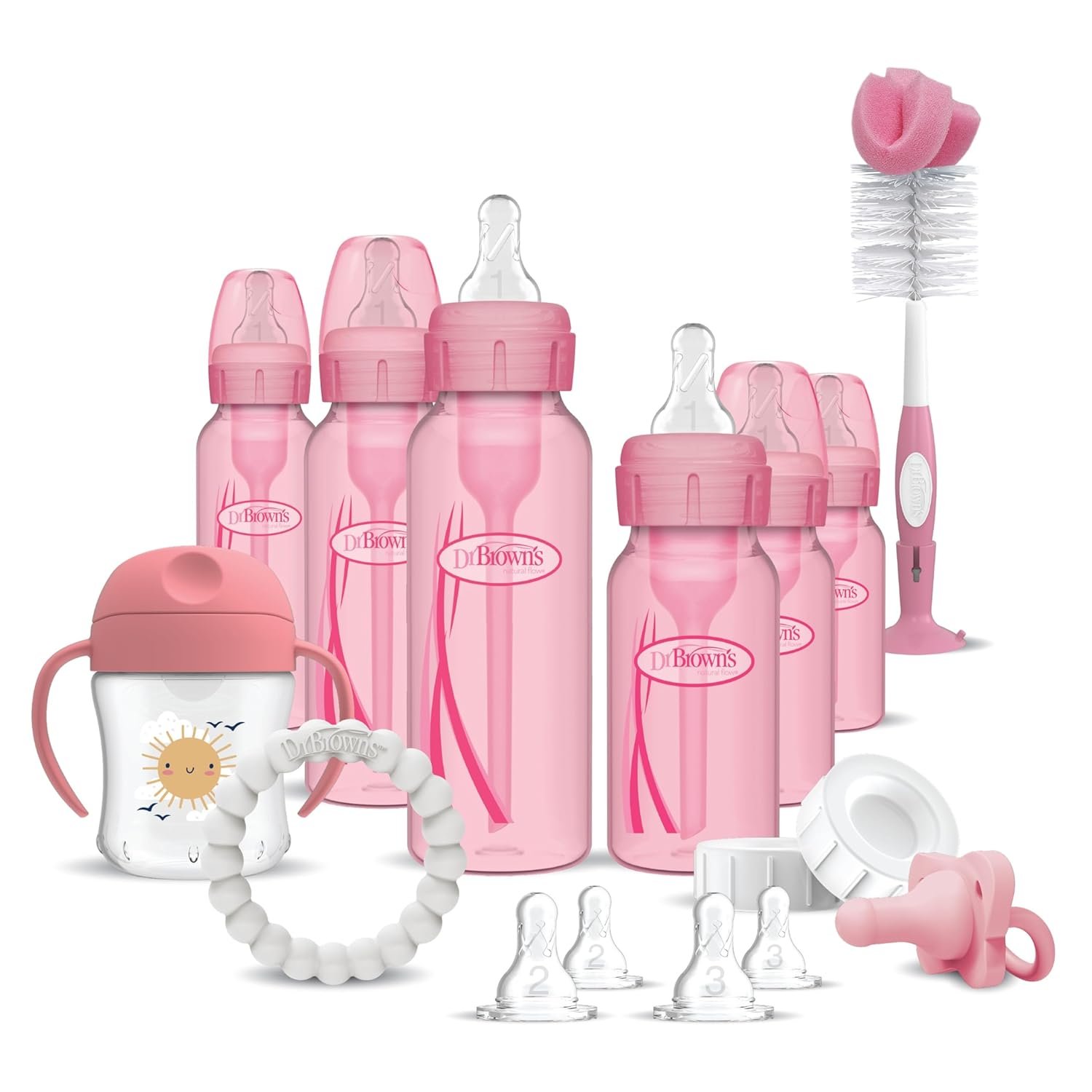 Dr. Brown’s Anti-Colic Options+ Special Edition Pink Baby Bottle Gift Set with Sippy Spout Cup, Happy Paci Pacifier, Teether, Bottle Brush and Travel Caps (Pacifier/Teether Style May Vary)