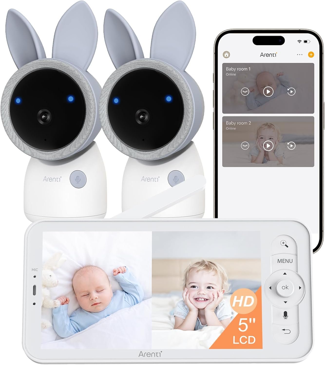 ARENTI 4MP Baby Monitor with 2 Cameras, 5″ Screen Video Baby Monitor, Dual-Band 2.4G/5G WiFi with App, Split-Screen View, Auto Tracking, Cry&Motion Detection, Temp&Humidity, Night Vision, 2-Way Talk