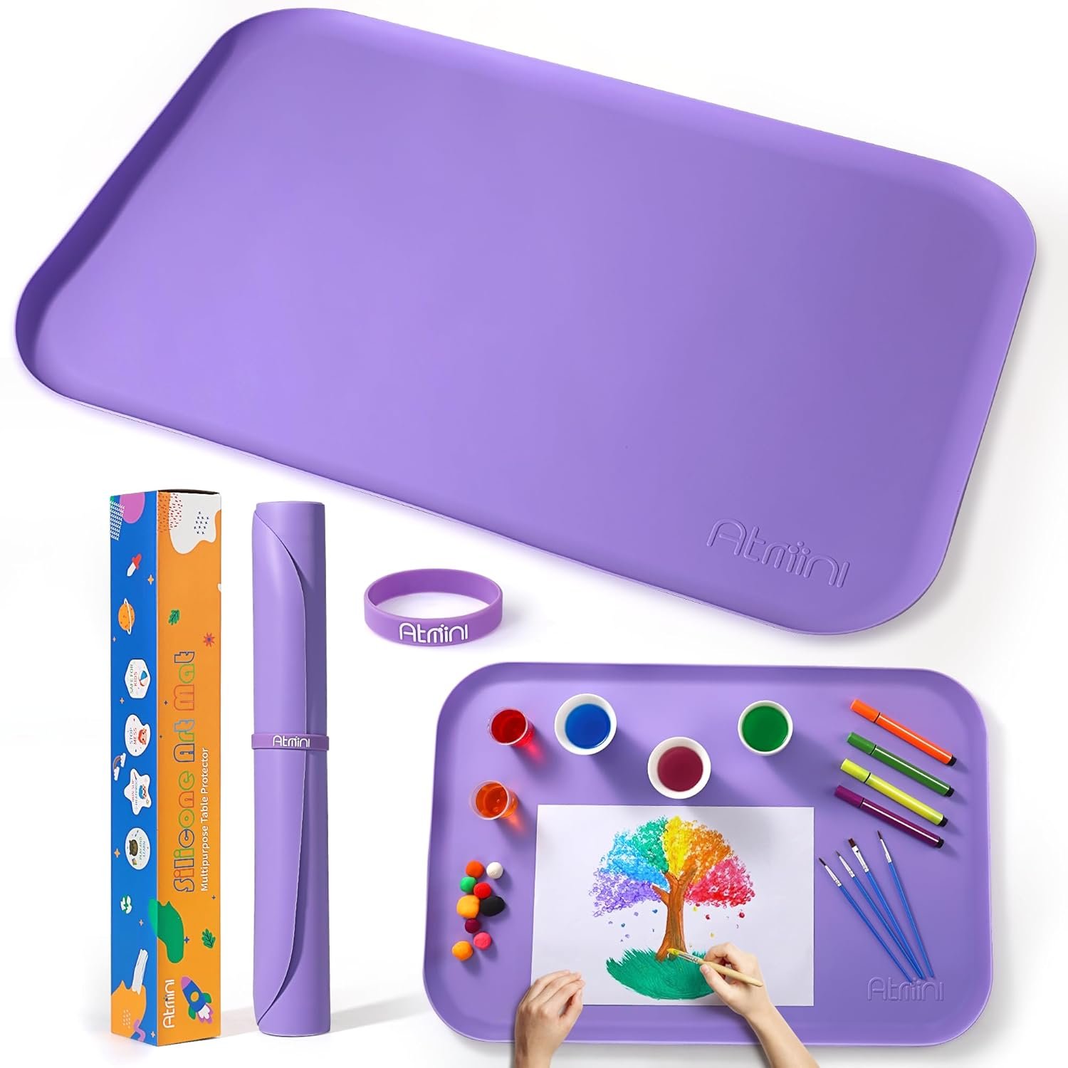 AtMini Silicone Art Mats for Kids, 24″x16″ Silicone Craft Mat with Lip to Keep Clean, Play Sand, Painting, DIY Crafts Mat for Kids (Purple)