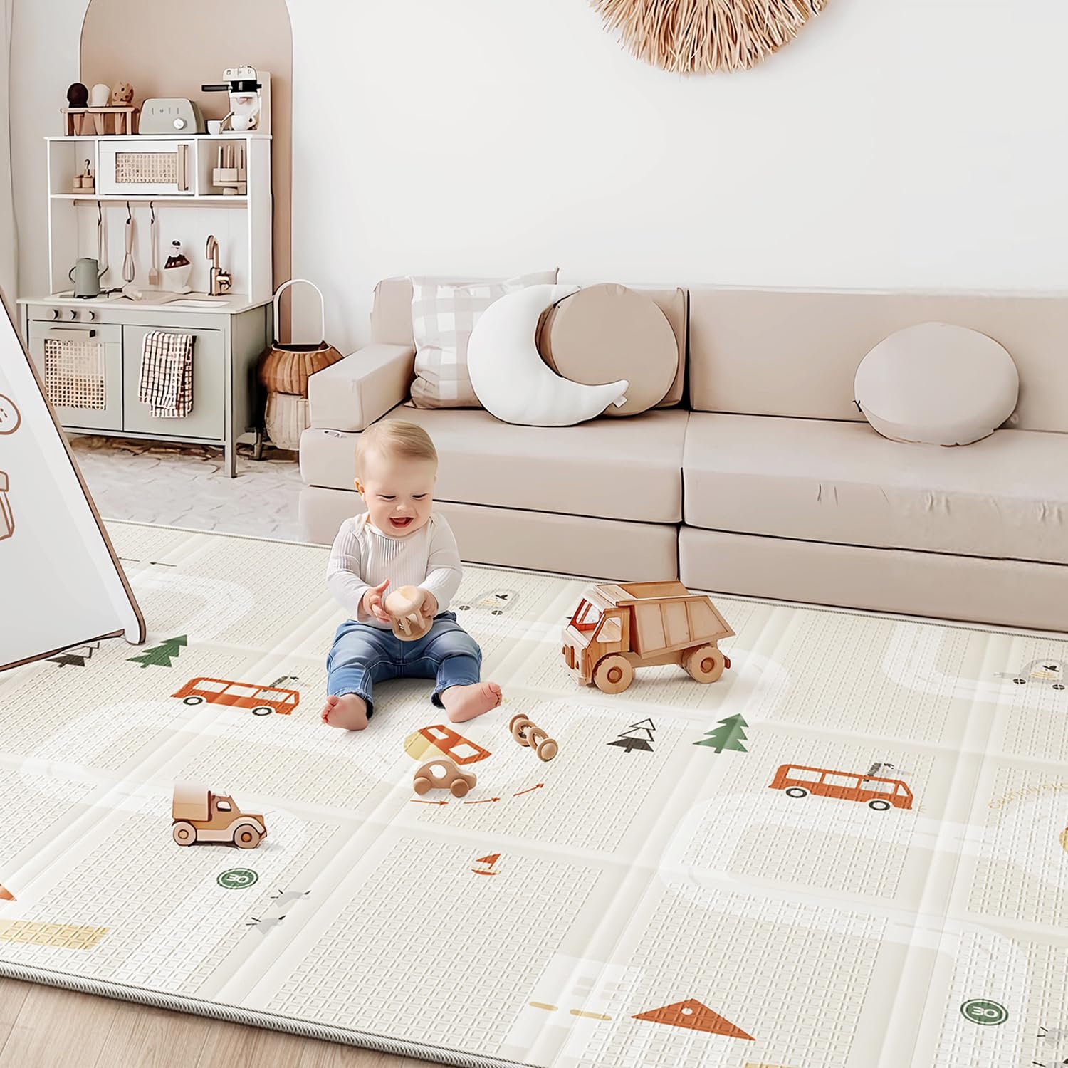 BG-BABYGO Baby Play Mat 50″*78″ Foldable Foam Baby Play Mat for Floor Reversible Waterproof Playmats for Babies Boy and Toddlers Infants Edge Reinforcement Crawling Mat for Indoor&Outdoor&Travel