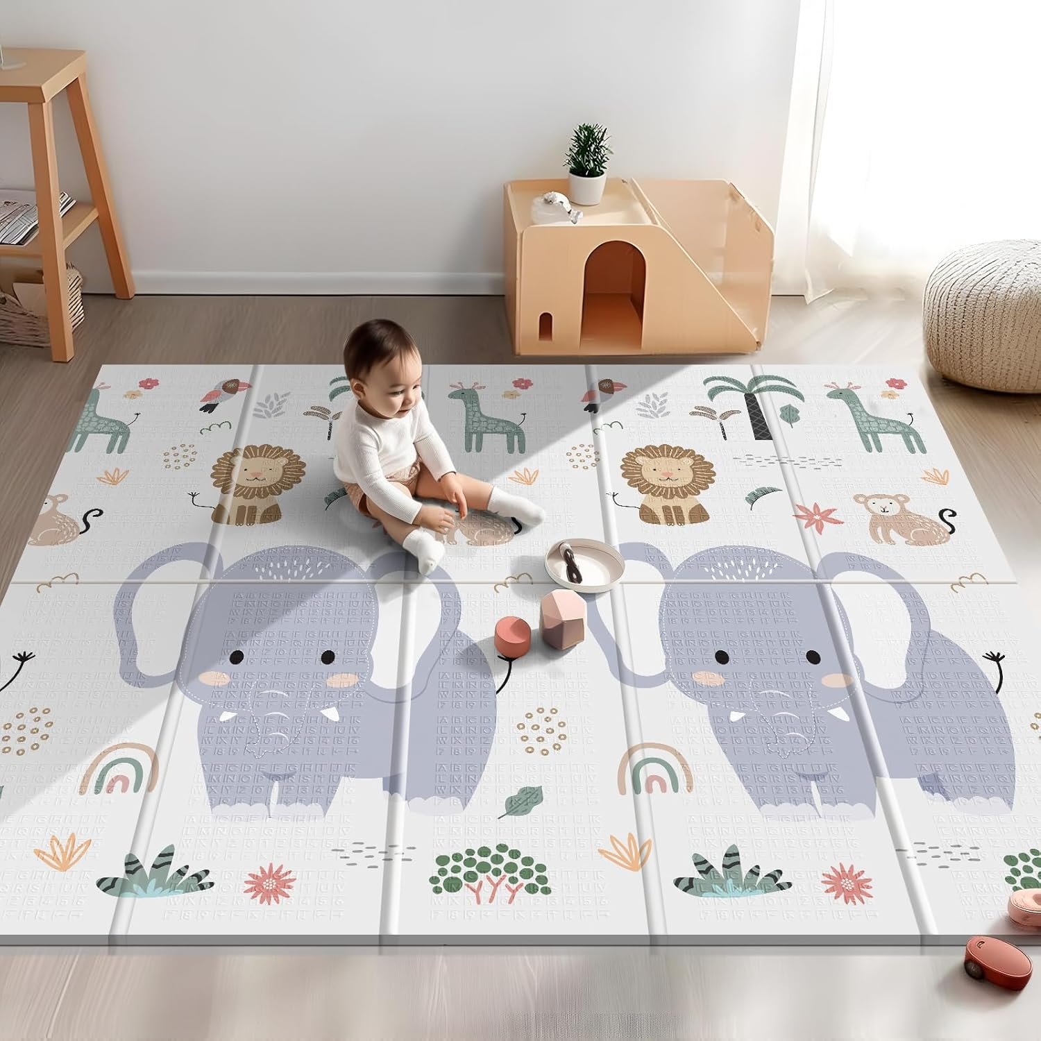 NOONKTY 79×71 Extra Large Baby Play Mat for Floor, Foldable Foam Playmat for Babies 0-12 Months & Kids, Non-Toxic Waterproof Baby Mat for Floor, Thick Playpen Mat for Tummy Time Crawling, Elephant+Mon