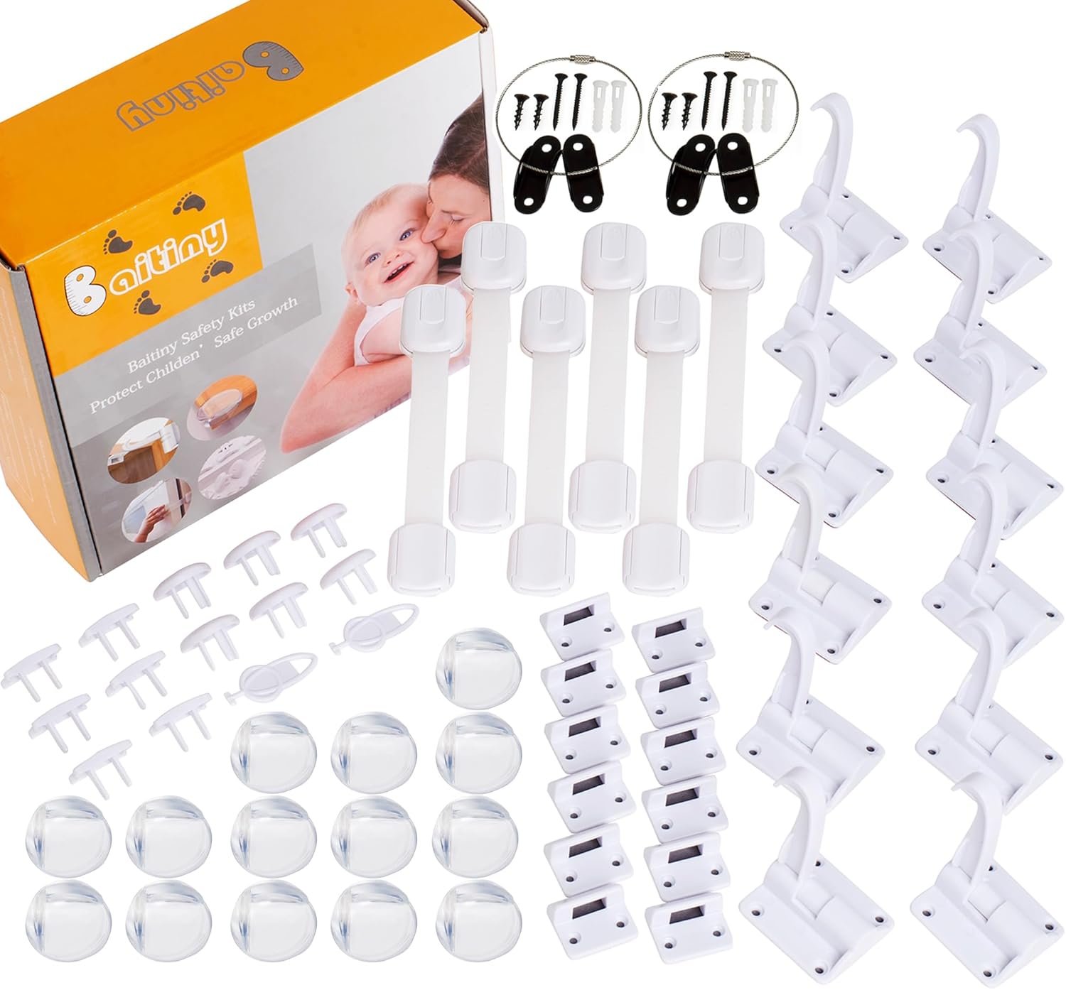 Baby Proofing Kit 60 Packs- Child Proof Essentials Set with Invisible Cabinet & Drawer Locks, Corner Protectors, Furniture Anchors and Outlet Covers Baby Safety Products – Complete House Proof Pack