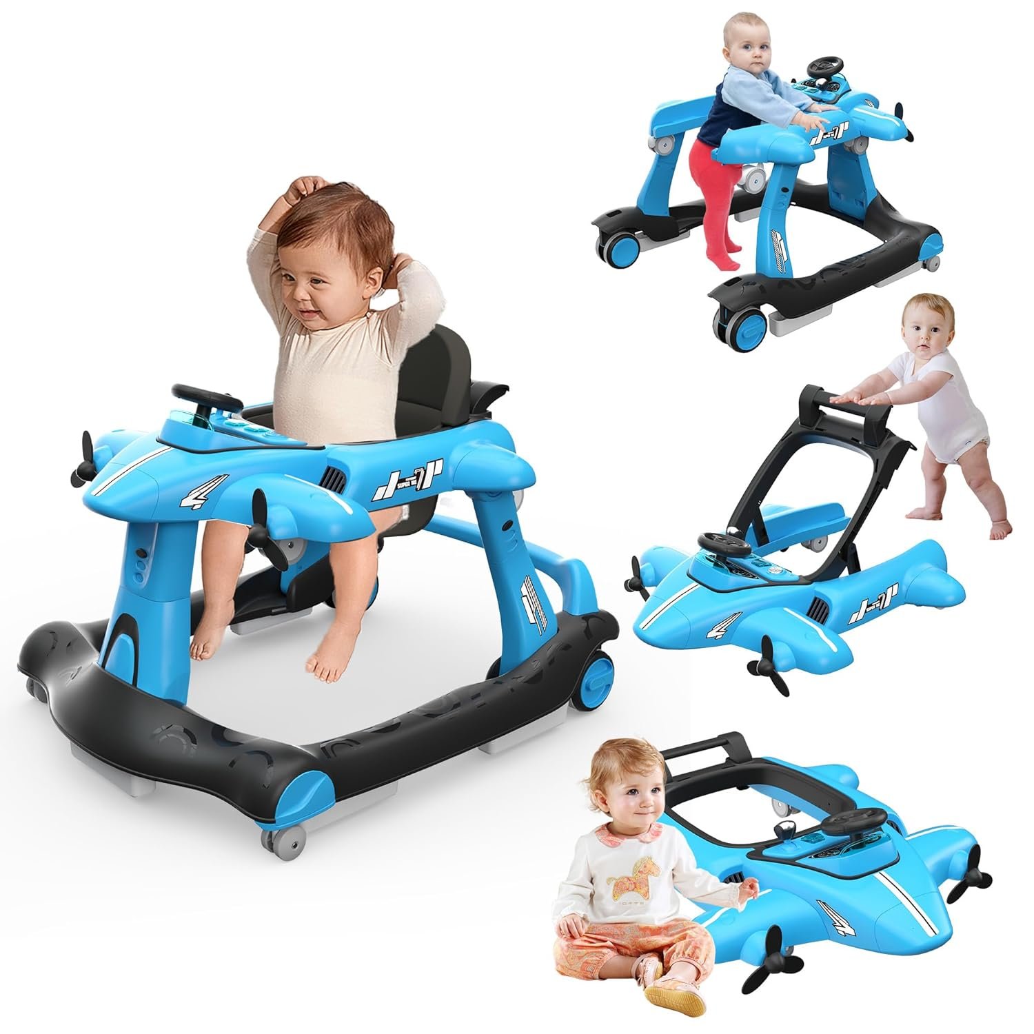 Betterhood 6-in-1 Foldable Baby Walker with Adjustable Height & Speed, Airplane-Themed Activity Push Walker with Music & Lights, Wheels, Anti-Slip Design, Suitable for Boys & Girls Aged 6-18 Months
