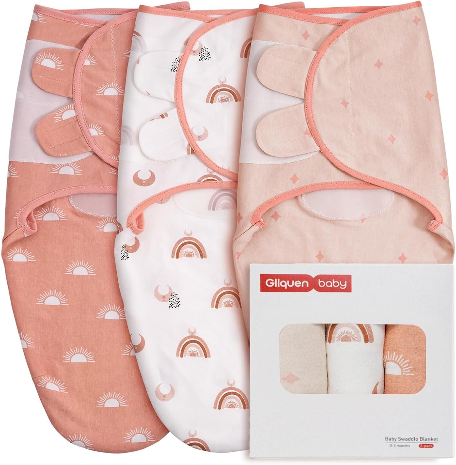 GLLQUEN BABY 3-Pack Organic Baby Swaddle Sleep Sacks for Newborn – Baby Swaddles 0-3 Months, Newborn Swaddling Sack, Rainbow & Sun, Infant Swaddle Blanket Wrap (Small/Medium)