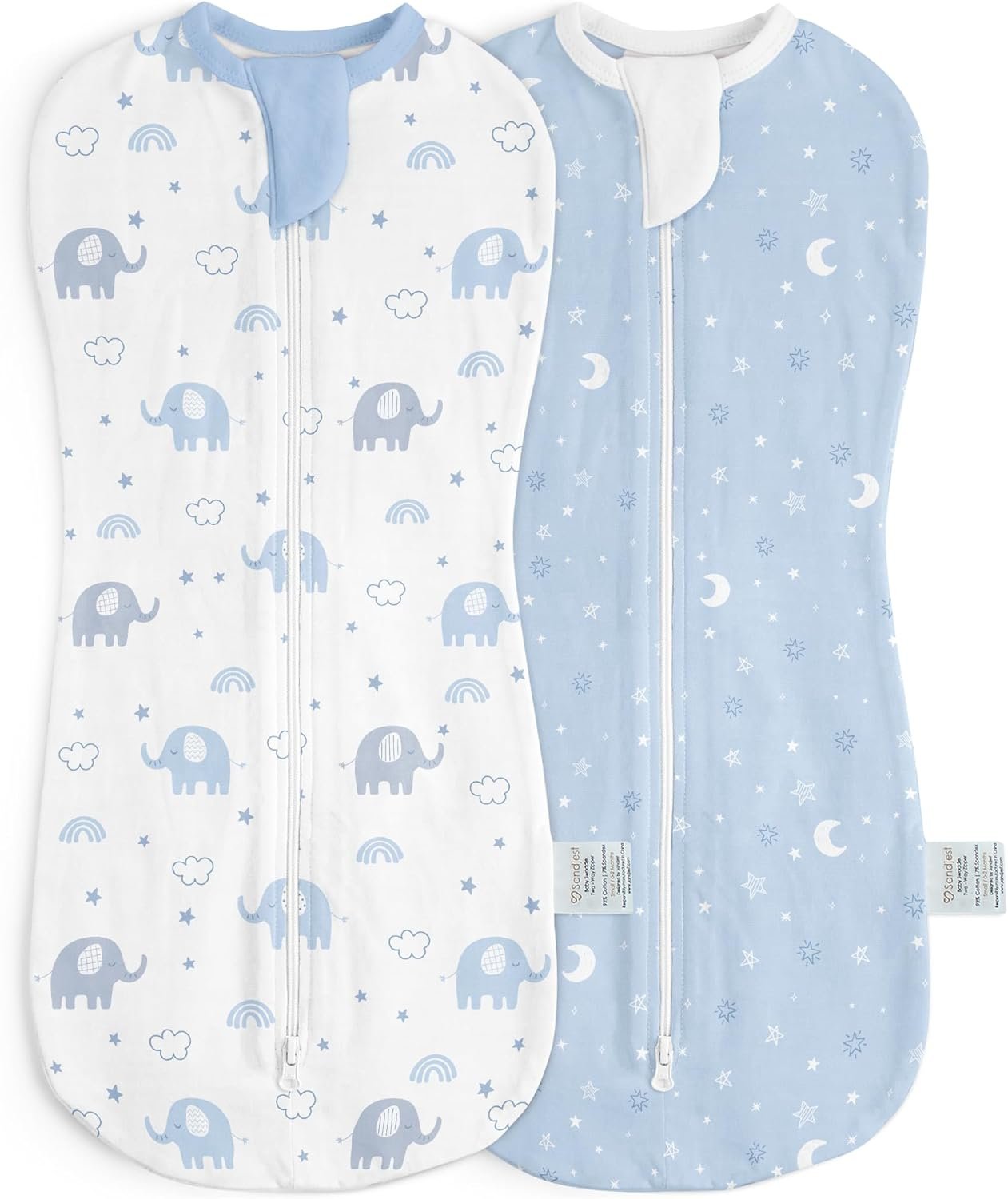 Baby Swaddle 0-2 Months, Cotton Arm-In Zipper Sleep Sack, Wearable Blankets Wrap for Newborn Infant Girls, Boys (Elephant, Star Moon, Pack of 2)