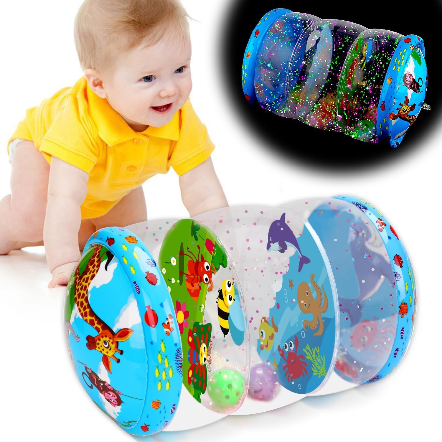 Crawling & Walking Baby Toys 6-12 Months Glowing Jumbo Inflatable Rolling Infant Toy 6 7 8 9 10 12-18 Month Old Tummy Time Sensory Development Light Up Toys for 1 2 Year Old Boy Girl Birthday Gifts
