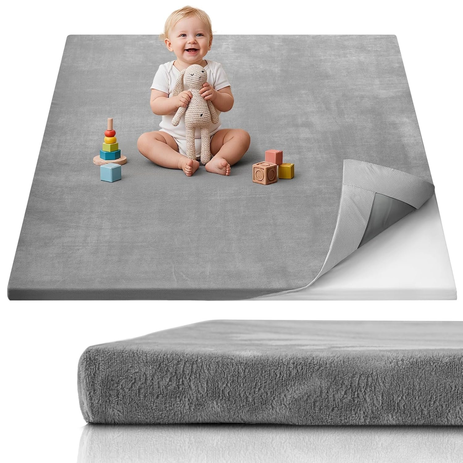 Blissful Diary 1.3″ Thick Baby Play Mat, 50×50 Playpen Mat with Removable & Washable Cover, Ultra Soft Crawling Rug for Floor, Foam Cushion & Non-Slip Backing for Kid, Toddlers and Infants, Light Grey