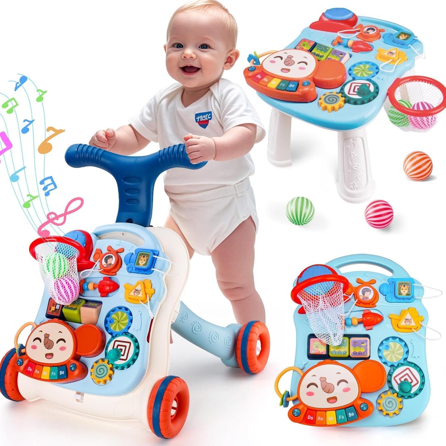 AuntyFey Baby Walker, 3 in 1 Push Walker for Baby Girls Boys, Baby Walking Toy for 1 Year Old Learning to Walk, Sit to Stand Baby Walker Push Toy for Girl 12 Months, Blue