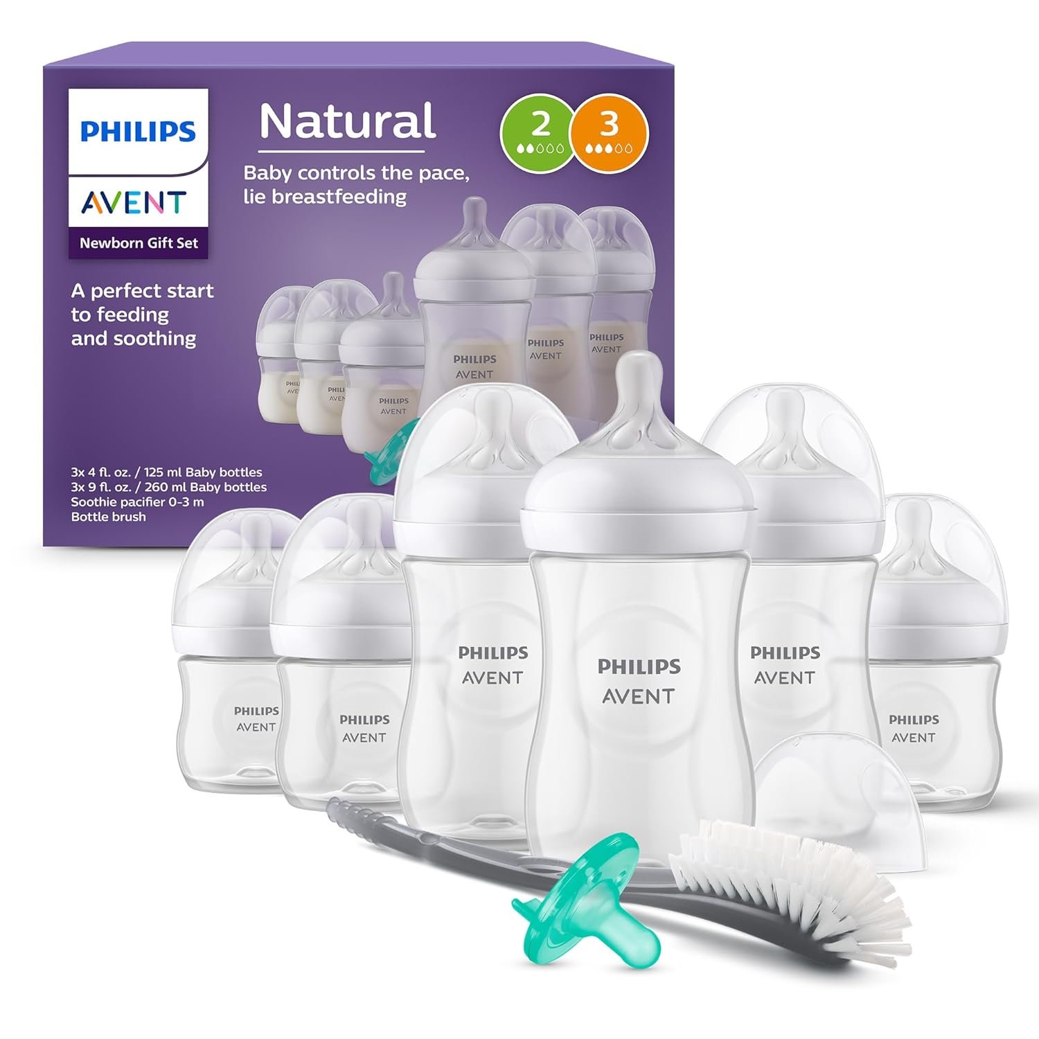 Philips Avent Newborn Gift Set – Bottles with Natural Response Nipples, 3 x 4oz/125ml (Slow Flow Nipples, Flow 2), 3 x 9oz/260ml (Medium Flow Nipples, Flow 3), Soothie 0-3m & Bottle Brush, SCD837/04