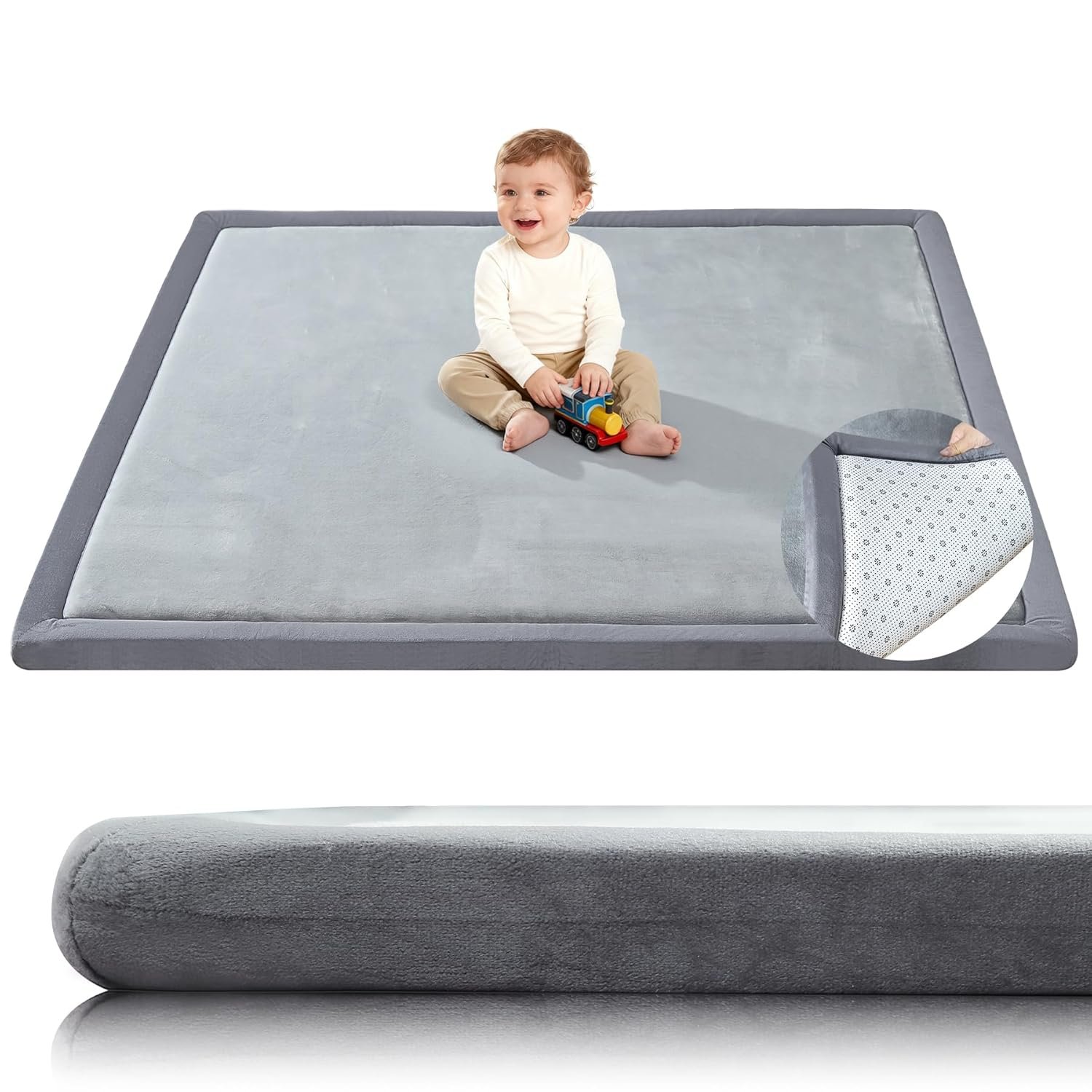 Baby Play Mat for Floor,1.3″ Thick 50×50 Playpen Mat,Tummy Time Foam Mats,Plush Soft Padded Playmate for Babies 6-12 Months Crawling,Non-Slip Nursery Rug for Toddler Kids Playroom(Grey)