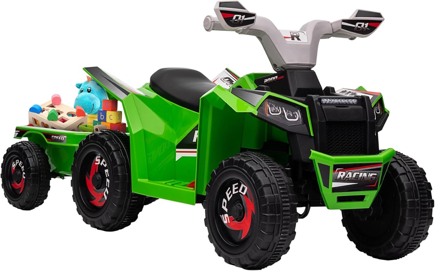 Aosom Kids ATV Quad Car with Back Trailer, 6V Electric Ride On Car with Forward Backward Function, Wear-Resistant Wheels, Ride on Toy for Toddlers Ages 18-36 Months, Green