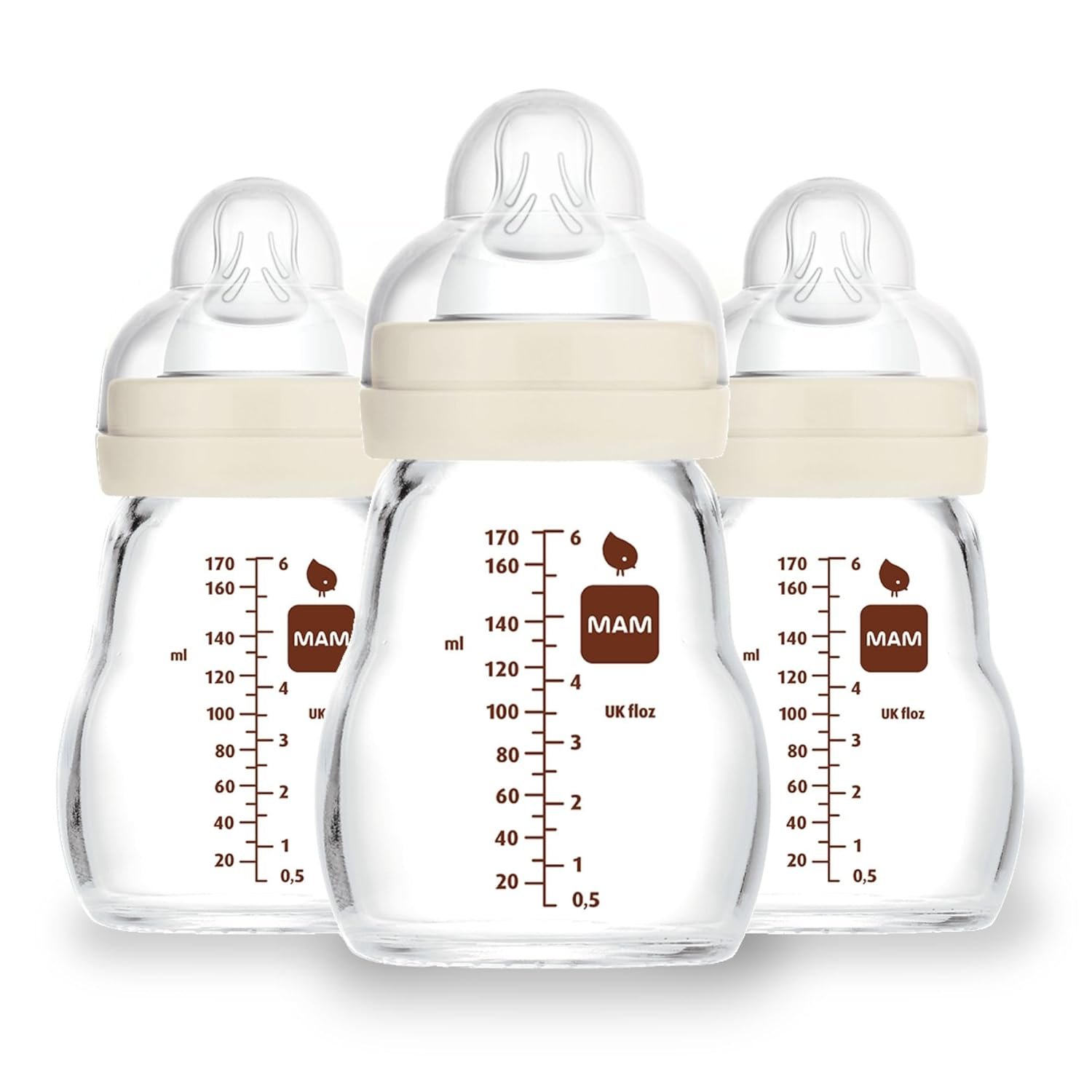 MAM 6oz Premium Glass Wide Neck Baby Bottle with Slow Flow Breastfeeding-Like Silicone Nipple, Easy to Clean,BPA Free, 0+ Months, Easy Switch Between Breast and Bottle, Made in Europe, 3 Pack Unisex