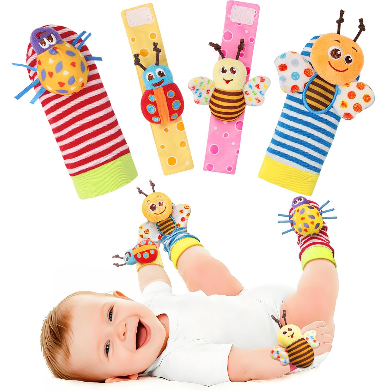 Bloobloomax Wrist Rattle Socks and Foot Finder Set, Infant Girl Boy Toys for Babies 0-36 Months, Newborn Hand & Foot Toys for 0 to 3 Years, Baby Shower Gifts Set Mother’s Day Gift