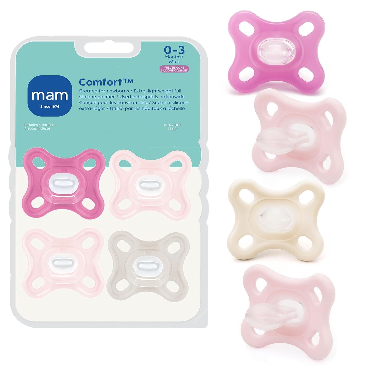 MAM Comfort Baby Pacifiers 0-3 Months Newborns, Lightweight One-Piece Full Silicone Binky, BPA-Free Nipple, Easy to Clean Pacifier, Best for Breastfed Babies, 4 Count, Made in Europe
