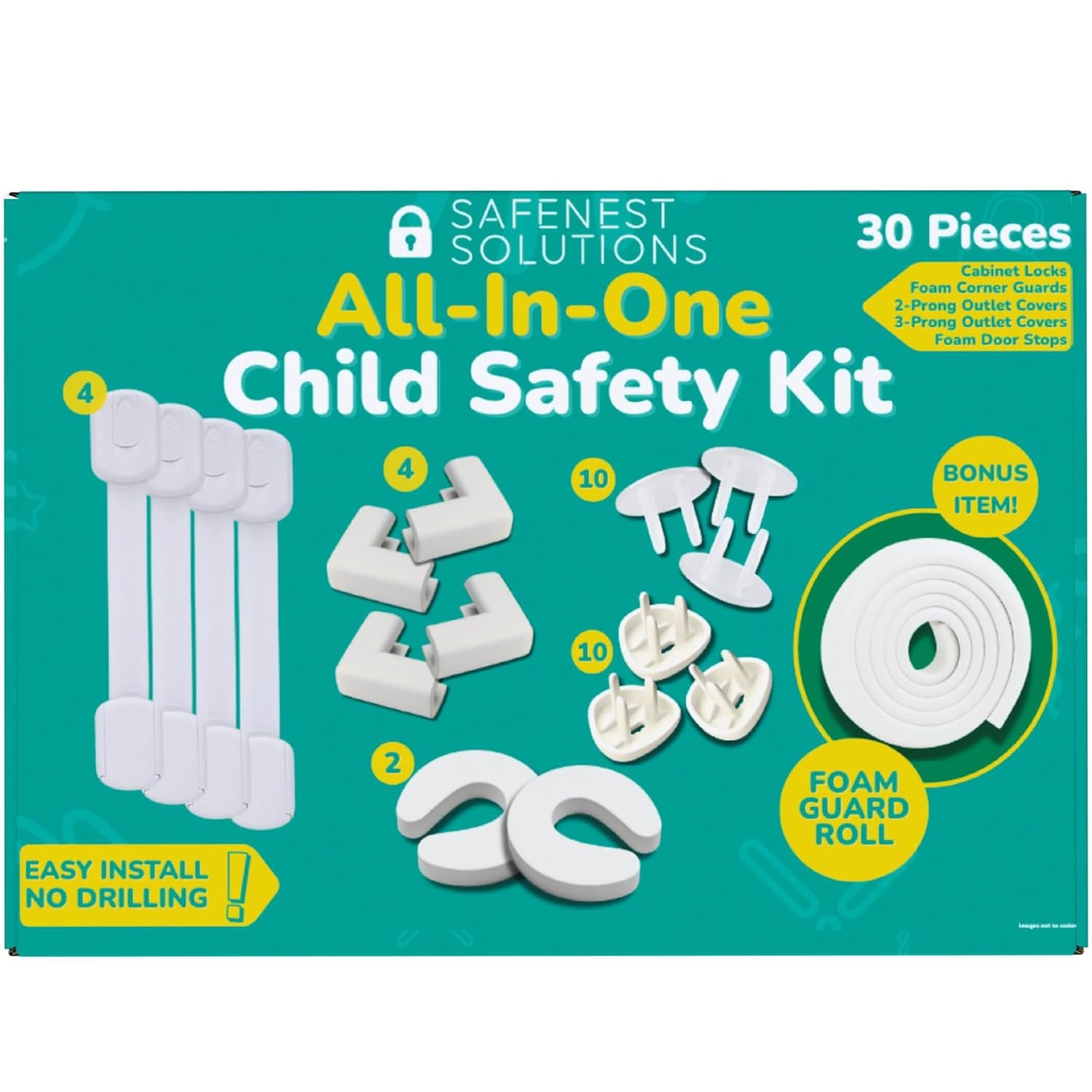 SafeNest 30PC Child Safety Kit All-in-One, Essentials for Home & Daycare, No Drilling Easy Install, Child Locks for Drawers, Corner Guards, Outlet Covers, Cabinet Locks, Door Stops