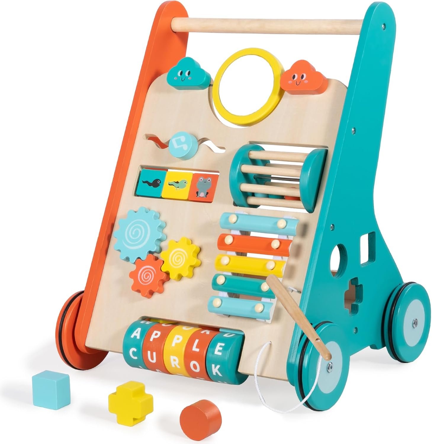 Wooden Baby Walker with Wheels, Walker for Baby Boys 12 Months Push Toy, Sit to Stand Activity Walker Learning to Walk
