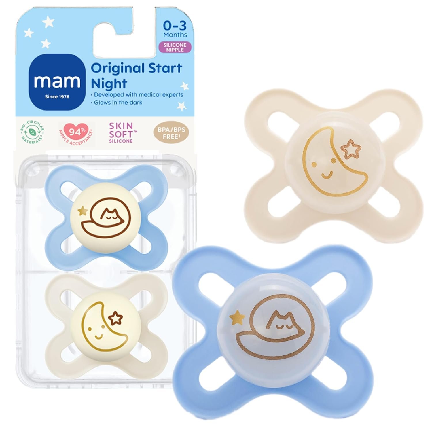 MAM Original Start Baby Pacifiers 0-3 Months, BPA-Free Skin Soft Silicone Nipple, Glows in The Dark, Developed with Medical Experts Specially for Smaller Newborn Mouths, 2 Pk with Sterilizer Case