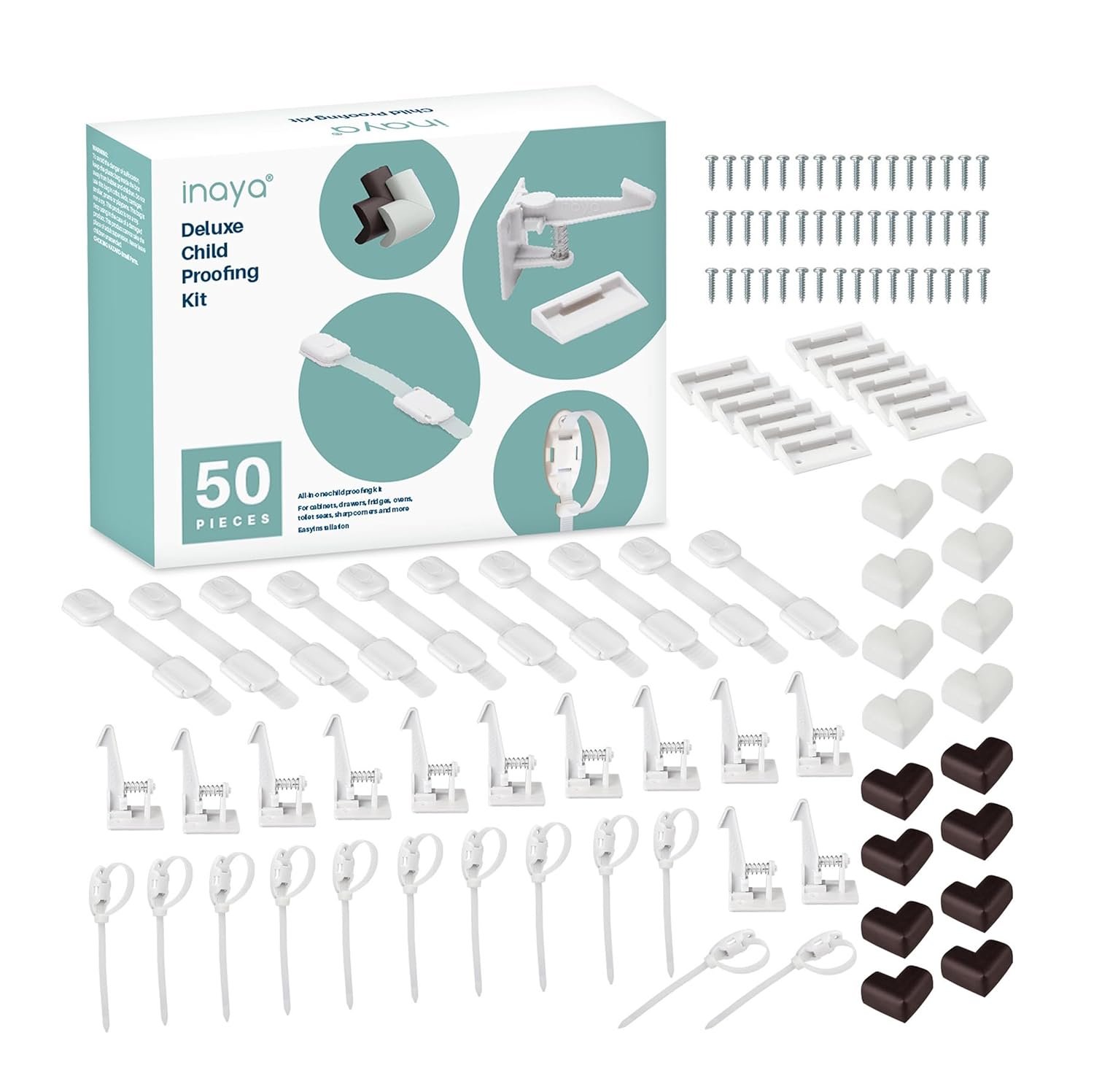 Inaya Complete 50pc Deluxe Baby Proofing Kit – Flexible Hidden Baby Locks for Cabinets and Drawers, Adjustable Child Safety Latches, Corner Guards & Furniture Anchors