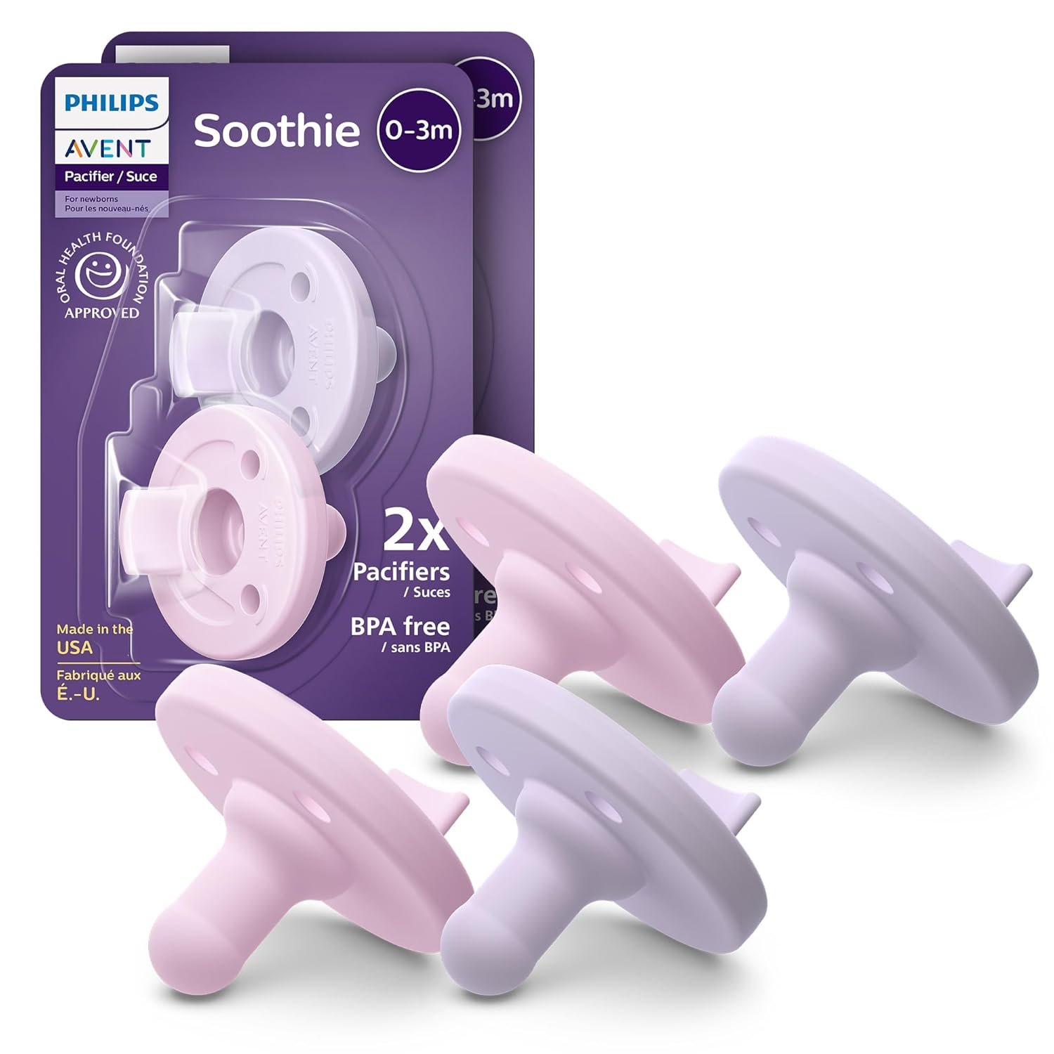 Philips Avent Soothie Baby Pacifiers – 100% Silicone Pacifiers for Babies 0-3 Months, One-piece Design, BPA-Free, Extra Durable, Lilac and Pink, 4 Pack, Model SCF190/70