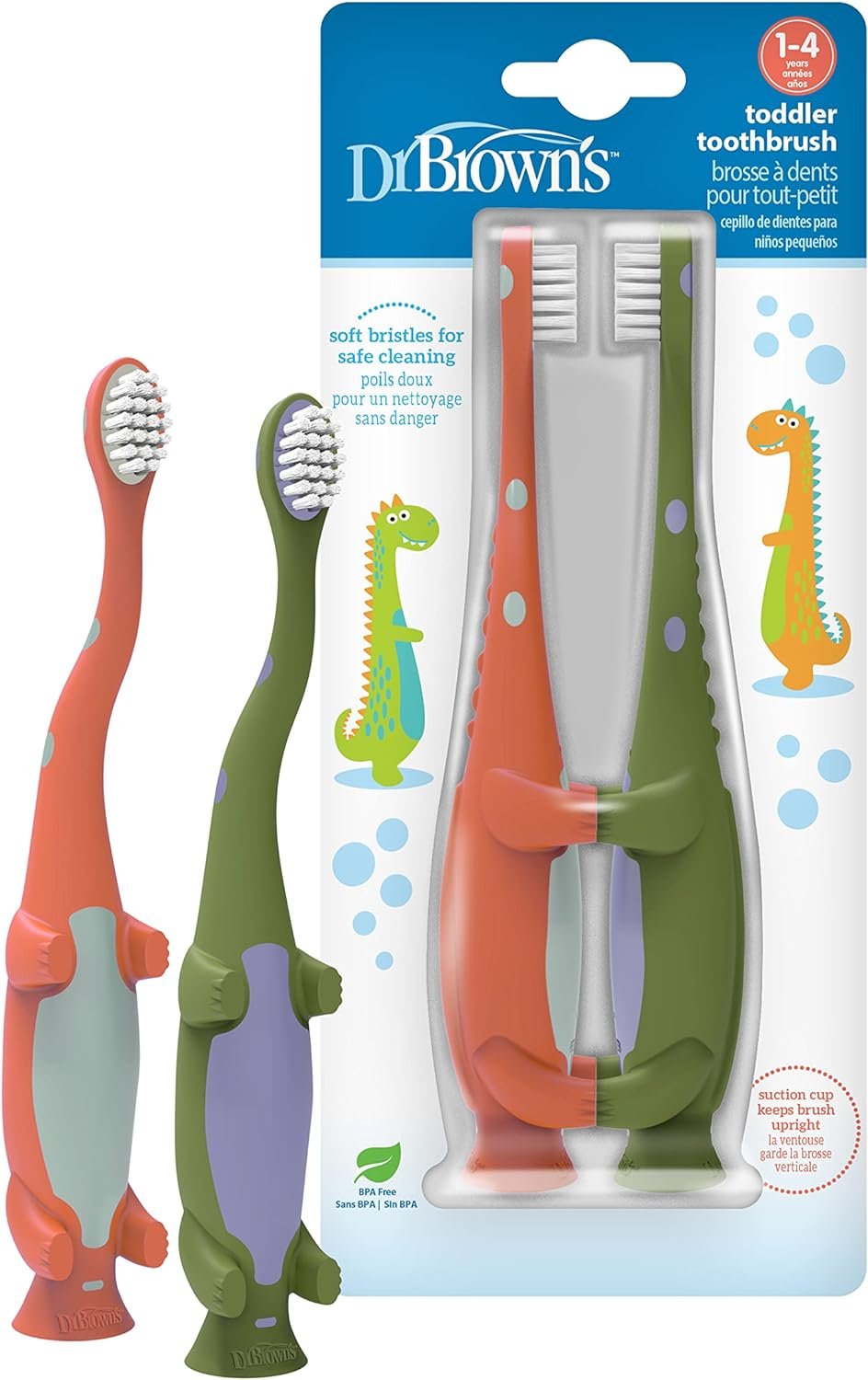 Dr. Brown’s Baby and Toddler Toothbrush, Green and Orange Dinosaur 2-Pack, 1-4 Years