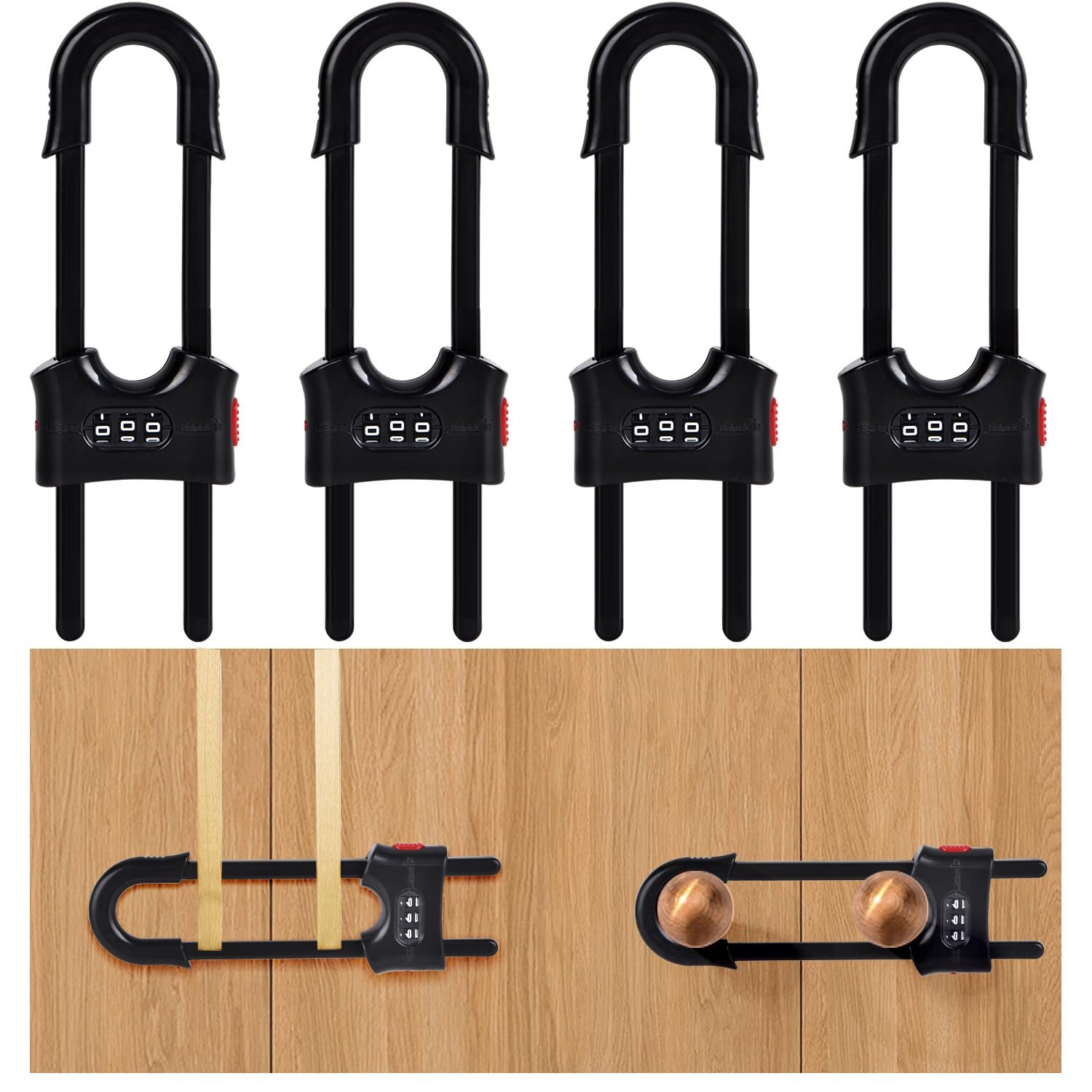 4 Packs U-Shaped Sliding Cabinet Locks, Baby Proofing Cabinets with Adjustable Child Safety Lock, Childproof Latches for Knobs, Handles on Kitchen Doors and Home Drawers Closet – Black