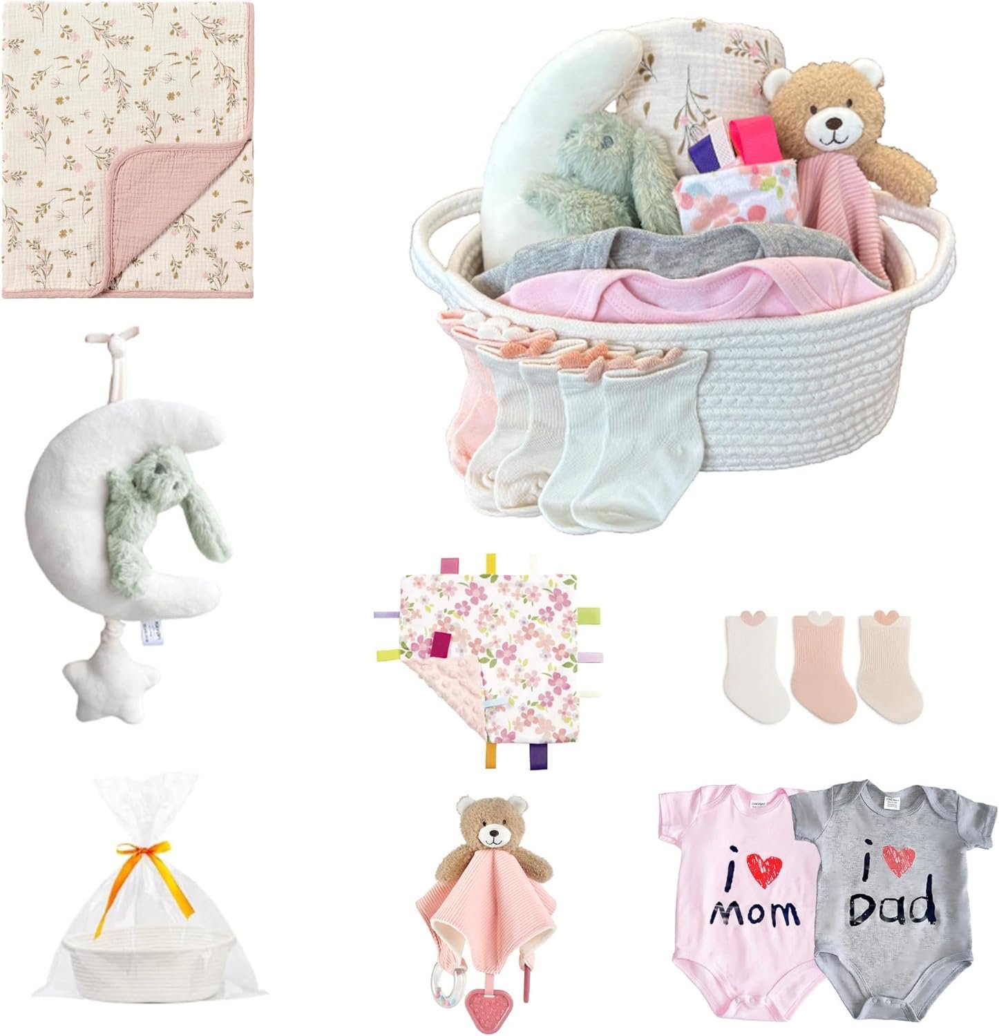 CREVENT Gift Set for Girls Boys -Diaper Caddy Organizer Basket with 1 Blanket, 1 Taggie, 1 Lovey, 3 Socks，2 Baby Bodysuits, 1 Crib Mobile, 1 Gift Bag – Newborn Essential