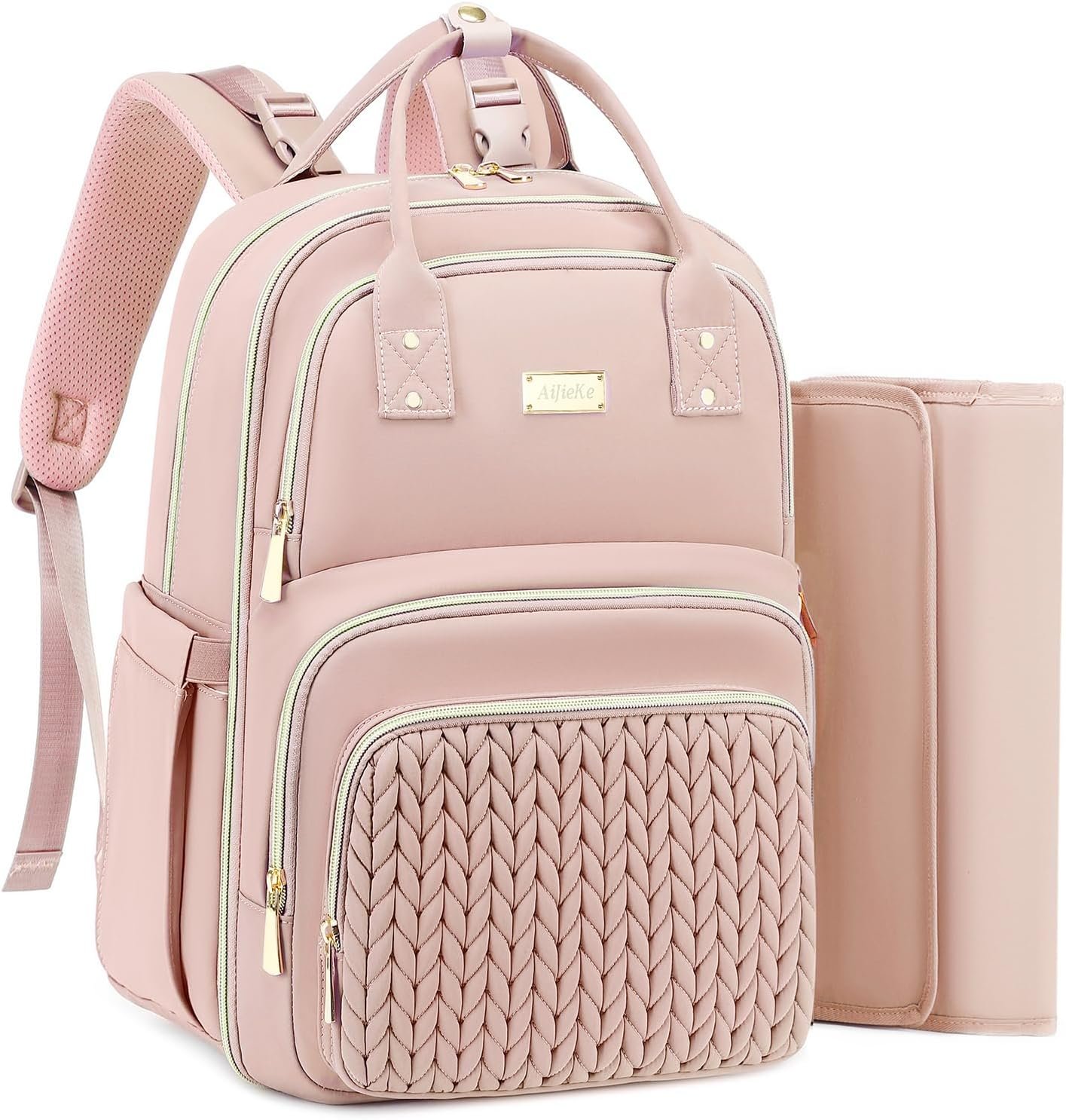 AIJIEKE Quilted Diaper Bag Backpack with Changing Pad & Stroller Straps, Large Baby Bag for Mom and Dad, Travel Backpack Diaper Bag with Insulated Pockets & Wet/Dry Separation, Lightweight, Pink