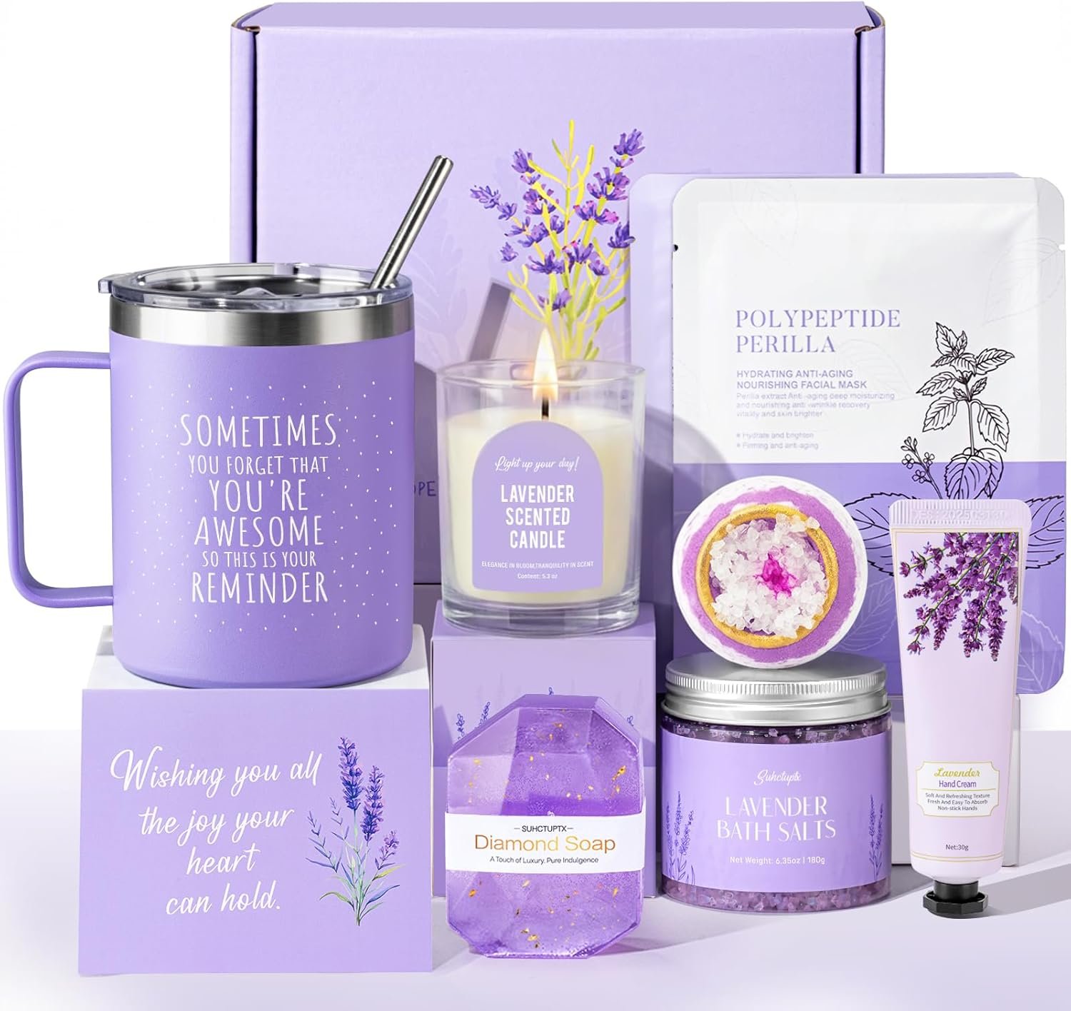 Mothers Day Gifts for Mom, 9pcs Happy Birthday Gifts for Women, Unique Birthday Relaxation Spa Gift Christmas Ideas Relaxing Lavender Set Self Care Gift Basket for Her Mom Sister Friend Teacher