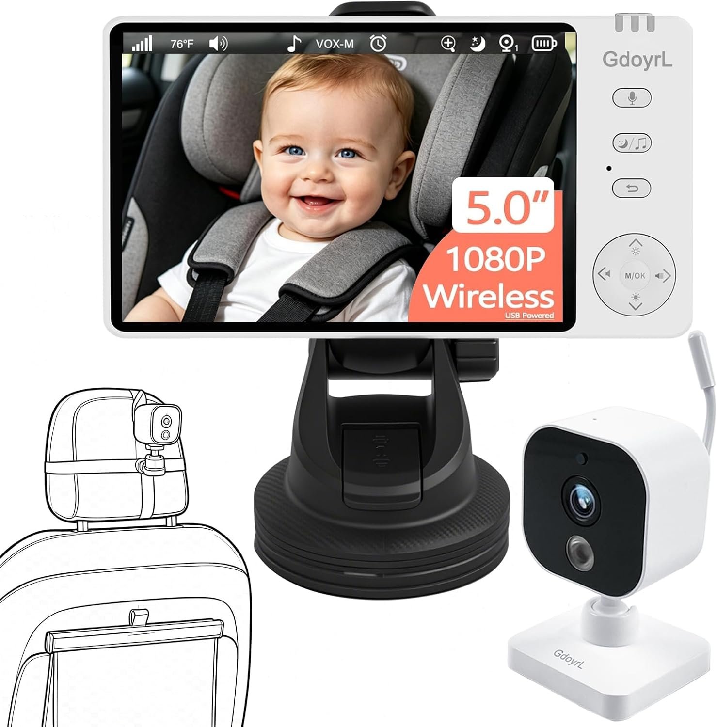 Wireless Baby Car Camera, 1080P HD IR Auto Night Vision, 360° Rotating Rear Facing Baby Monitor, 5″ Display 4X Zoom, USB Powered Backseat Camera with 8 Lullabies VOX Temp Alarm & Infant Feed Reminder