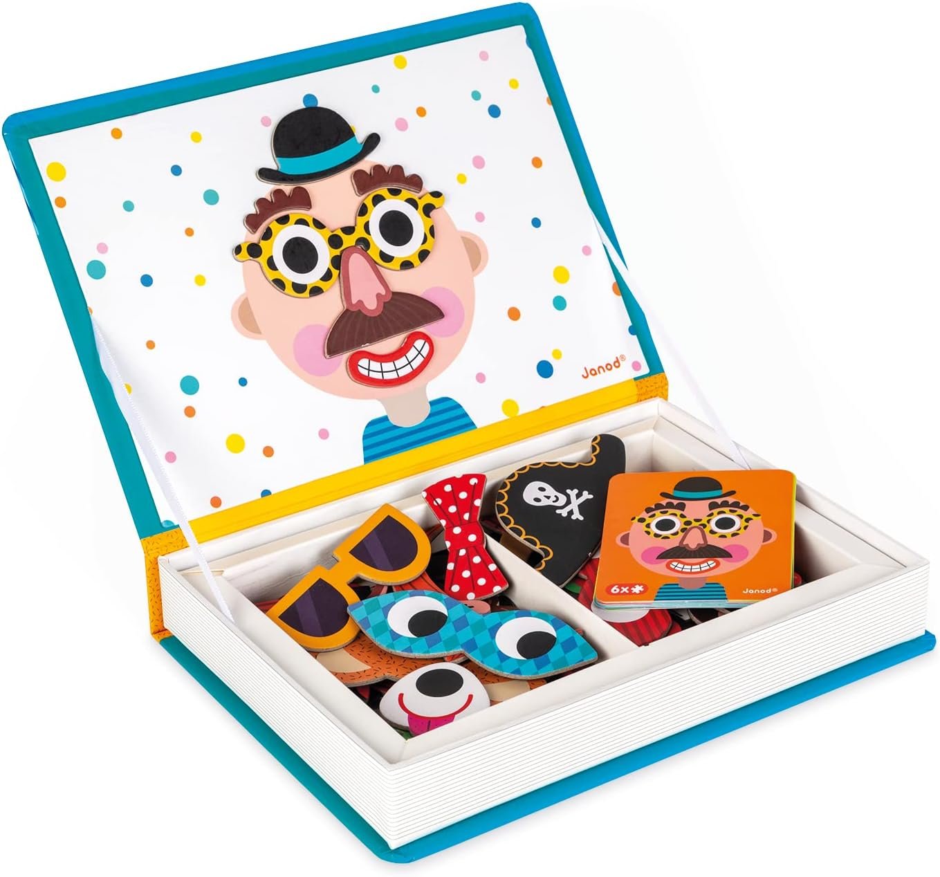 Janod – Magnetibook 83 Pc Magnetic Boy Crazy Face Dress Up Game – Decorating Fridge with Magnetic Letters – Enhances Creativity and Learning – Boosts Self-Confidence – Portable and Easy Storage
