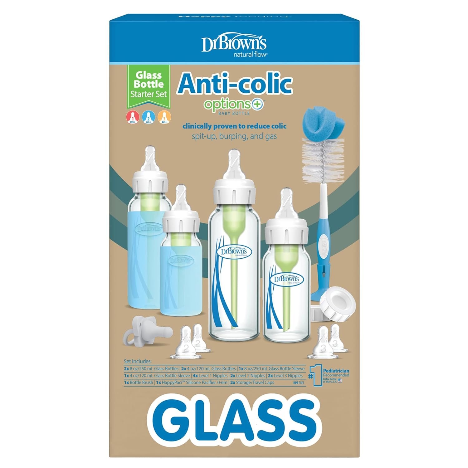 Dr. Brown’s Anti-Colic Options+ Narrow Glass Baby Bottle Starter Set with Level 1, 2, and 3 Nipples, Silicone Sleeves, Soft-Touch Brush, Travel Caps, and HappyPaci, 0m+ (Packaging May Vary)
