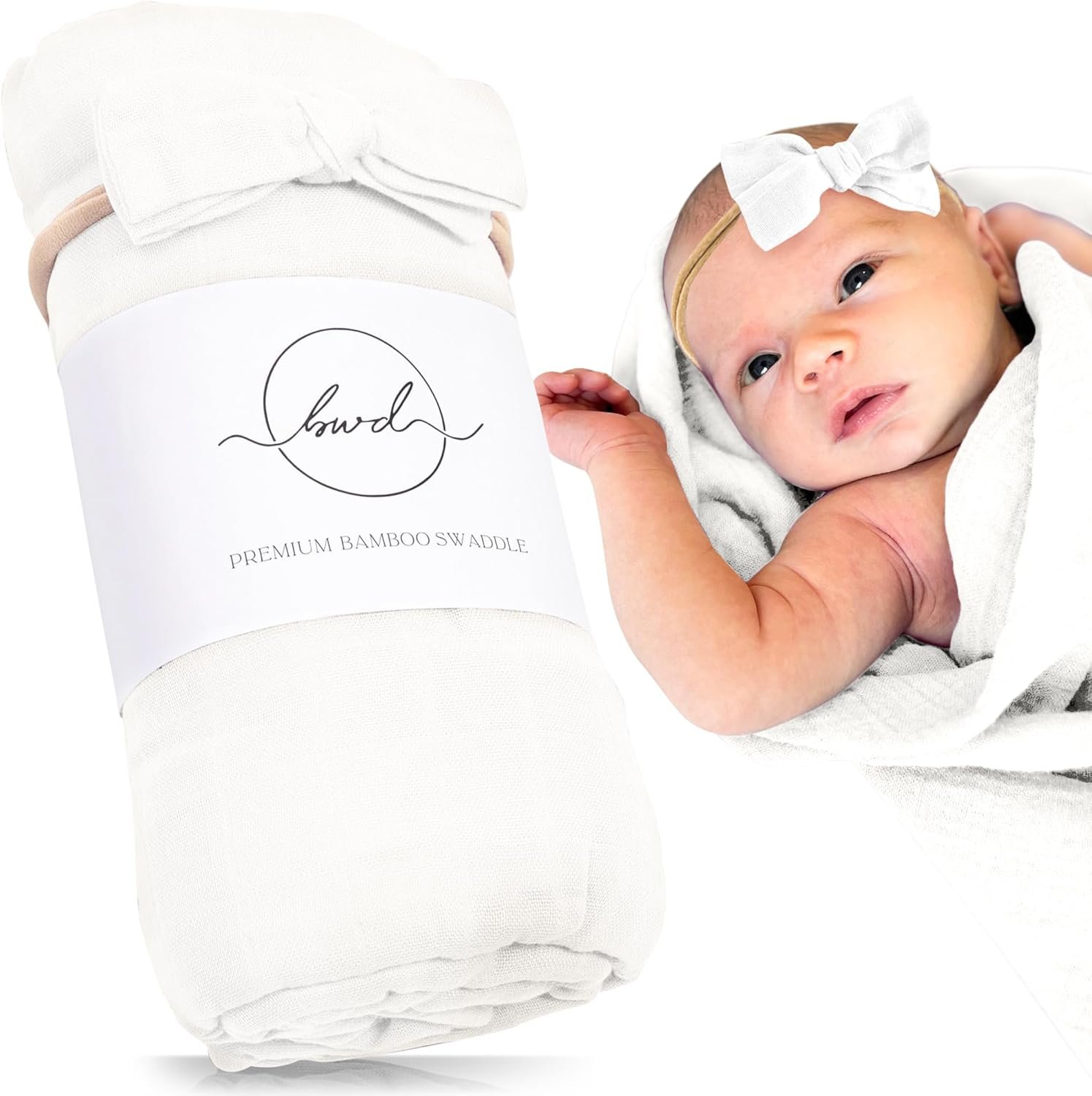 BWD Baby Swaddle Blanket – Ultra-Soft 70% Bamboo Viscose & 30% Organic Cotton Muslin – Lightweight, Breathable, Stretchy – Newborn Essential 47″ (White)