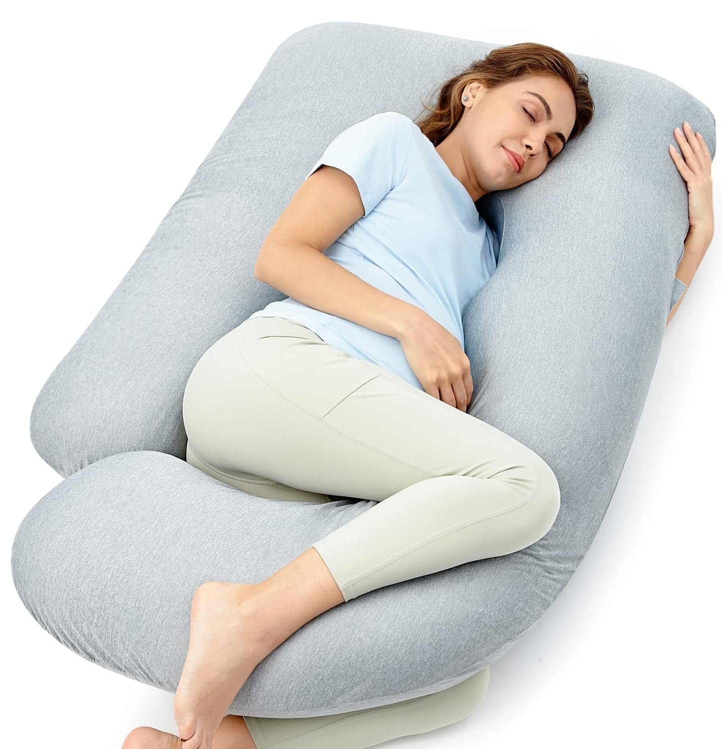 Momcozy Pregnancy Pillows with Cooling Cover, U-Shaped Full Body Maternity Pillow for Side Sleepers 57 Inch – Support for Back, Hip, Belly, Legs for Pregnant Women