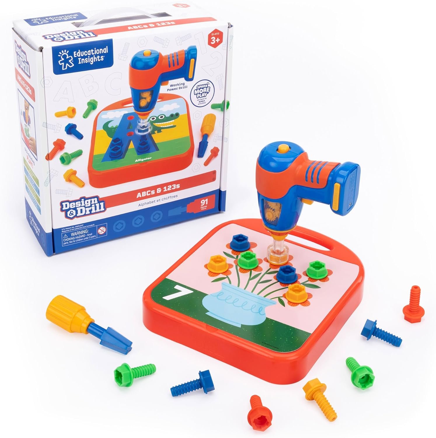 Educational Insights Design & Drill ABCs & 123s – Building Construction Toys for Toddlers, Kids Tool Set with Drill Toy, Preschool Learning Activities, Toddler STEM Toys for 3+ Year Old