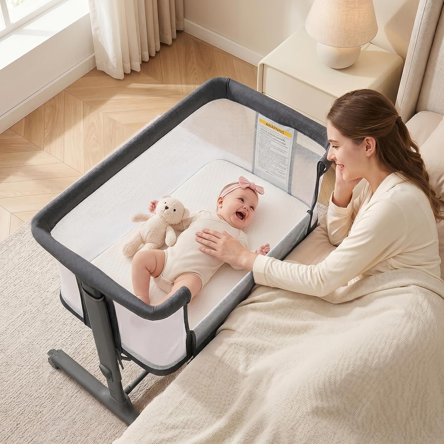 INFANS 3 in 1 Baby Bassinet, Bedside Sleeper for Newborn, Folding Crib with Mattress, Travel Bag, Wheels, 4-Sided Mesh, Easy to Assemble Cradle Co Sleeper Stationary, Rock (Dark Grey)