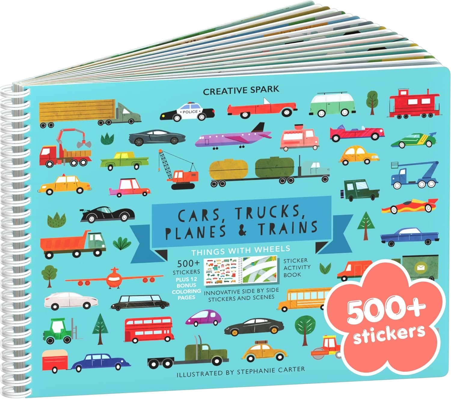 Cars, Trucks, Planes & Trains 500+ Kids Sticker Book by Cupkin Fun Toddler Travel Activity Coloring and Sticker Book, Road Trip Essentials, 12 Coloring Pages + Scenes for Ages 2–8 Years