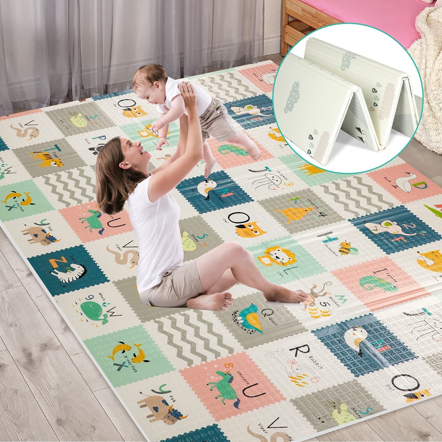 FLAGAV Baby Play Mat, 79x71x0.4inch Extra Large Folding Baby Crawling Mat, Waterproof Reversible Playmat Foam Non Toxic Anti-Slip Portable Kids Play Mat for Infant, Toddler
