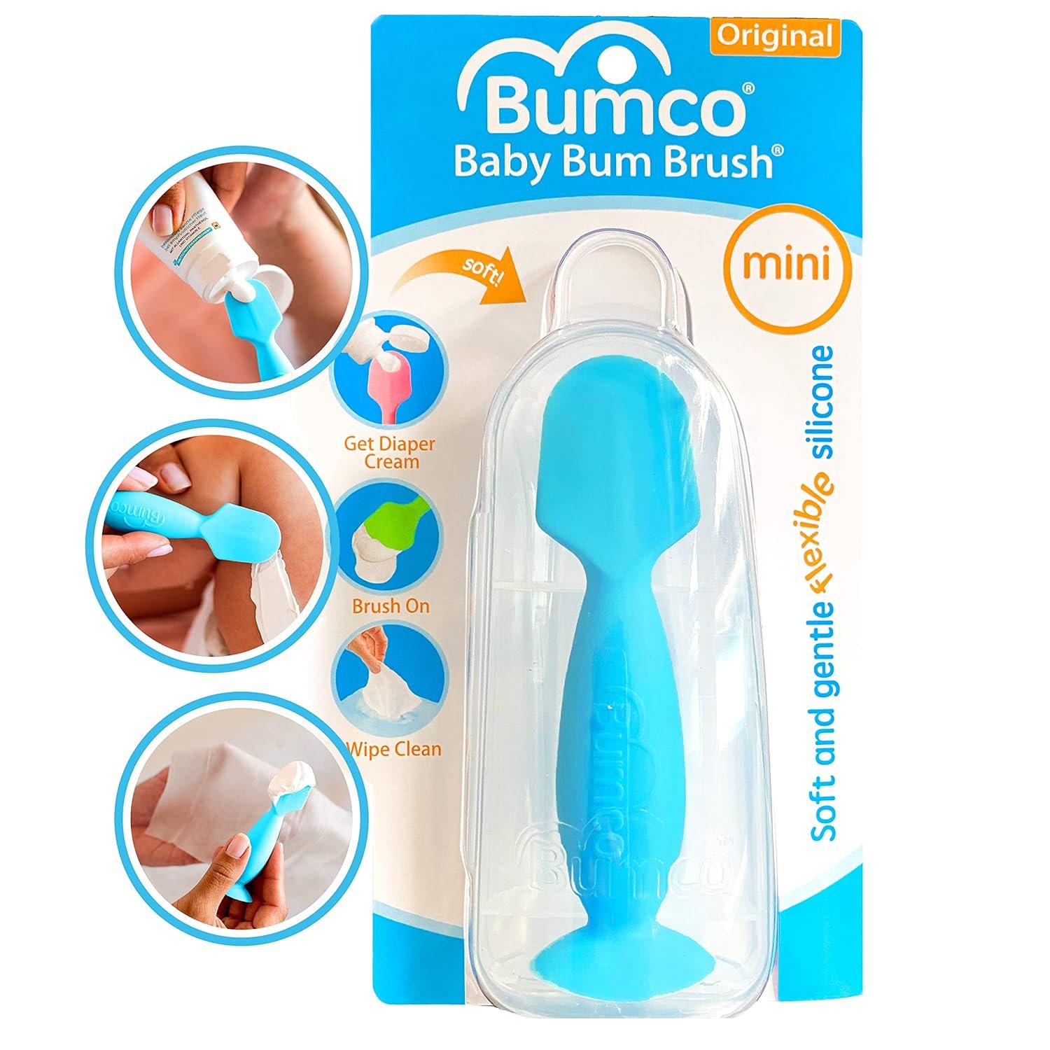 Bumco Mini Baby Diaper Cream Spatula with Case – BPA-Free Silicone Diaper Spatula with Suction Cup, Wipe-Clean Baby Bum Brush, Mom-Invented Butt Paste Applicator (Blue)
