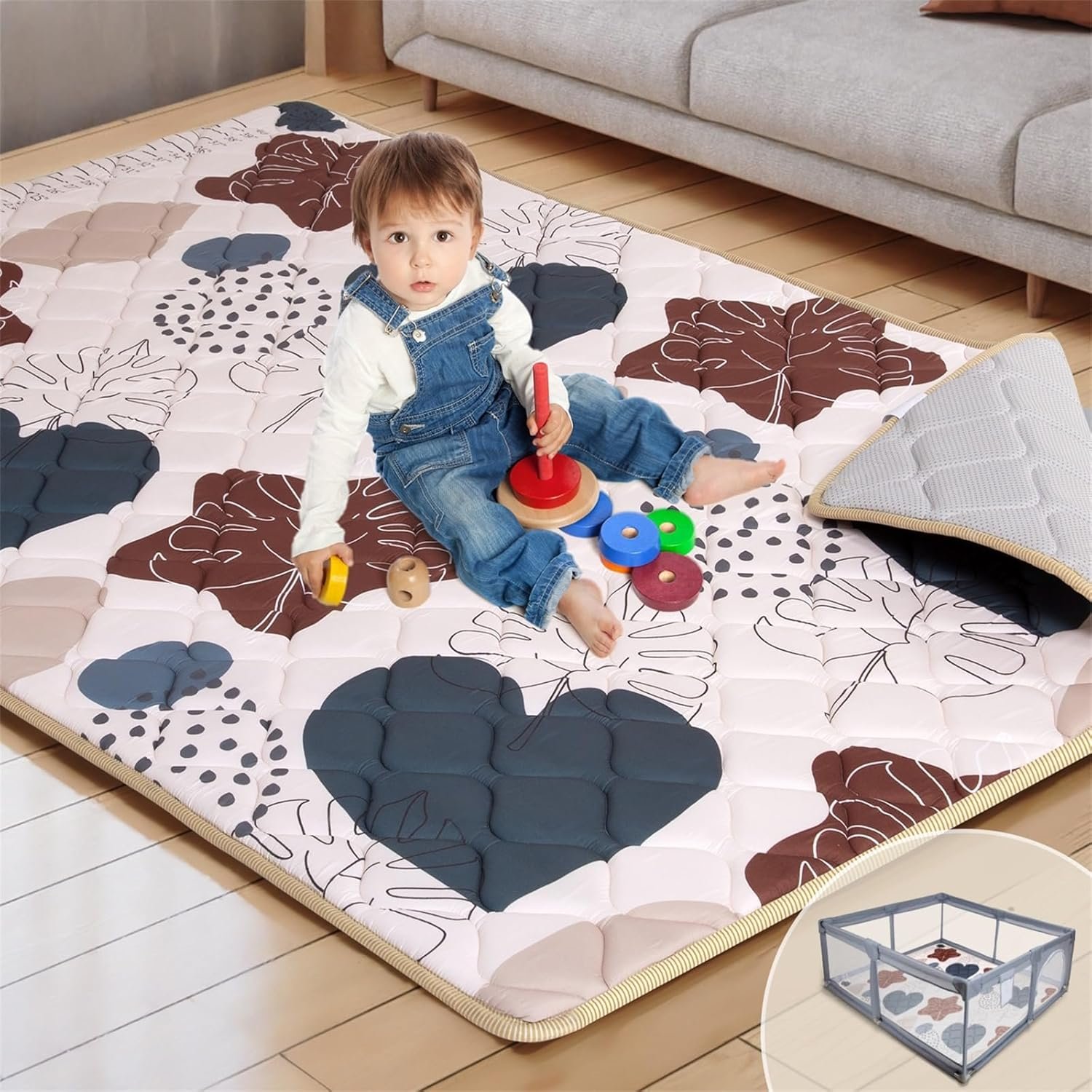 74×50 Playpen Mat Foam Thick, Large Baby Play Mat for Babies Kids Toddlers Infants Floor Crawling, Washable Cushioning Padded Baby Playmat for Indoor Outdoor, Gift for Boys Girls, Boho Leaf