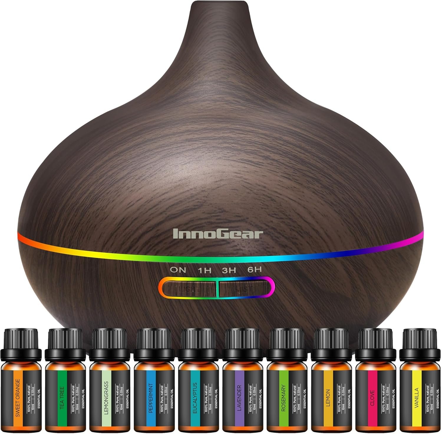 InnoGear Aromatherapy Diffuser & 10 Essential Oils Set, 400ml Diffuser Ultrasonic Diffuser Cool Mist Humidifier with 4 Timers 7 Colors Light Waterless Auto Off for Mother’s Gift, Dark Wood Grain