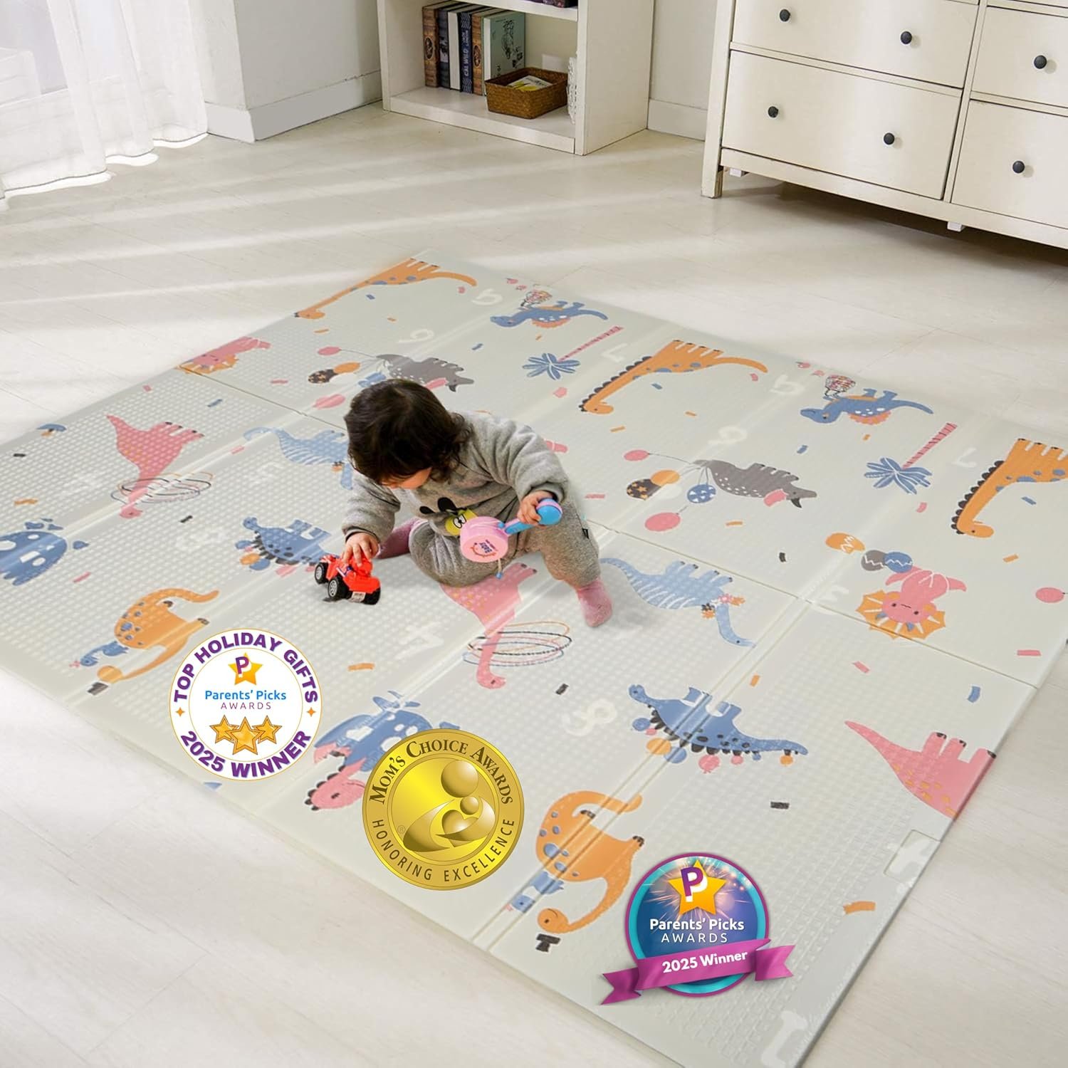 Bammax Extra Large 78″ x 70″ x 0.4″ XPE Foam Baby Play Mat with Travel Bag | Anti-Slip, Waterproof, Foldable & Reversible Padded Playmat | Baby Crawling & Kids Play Mat – Giftable Design, Dinosaurs & Safari Animals