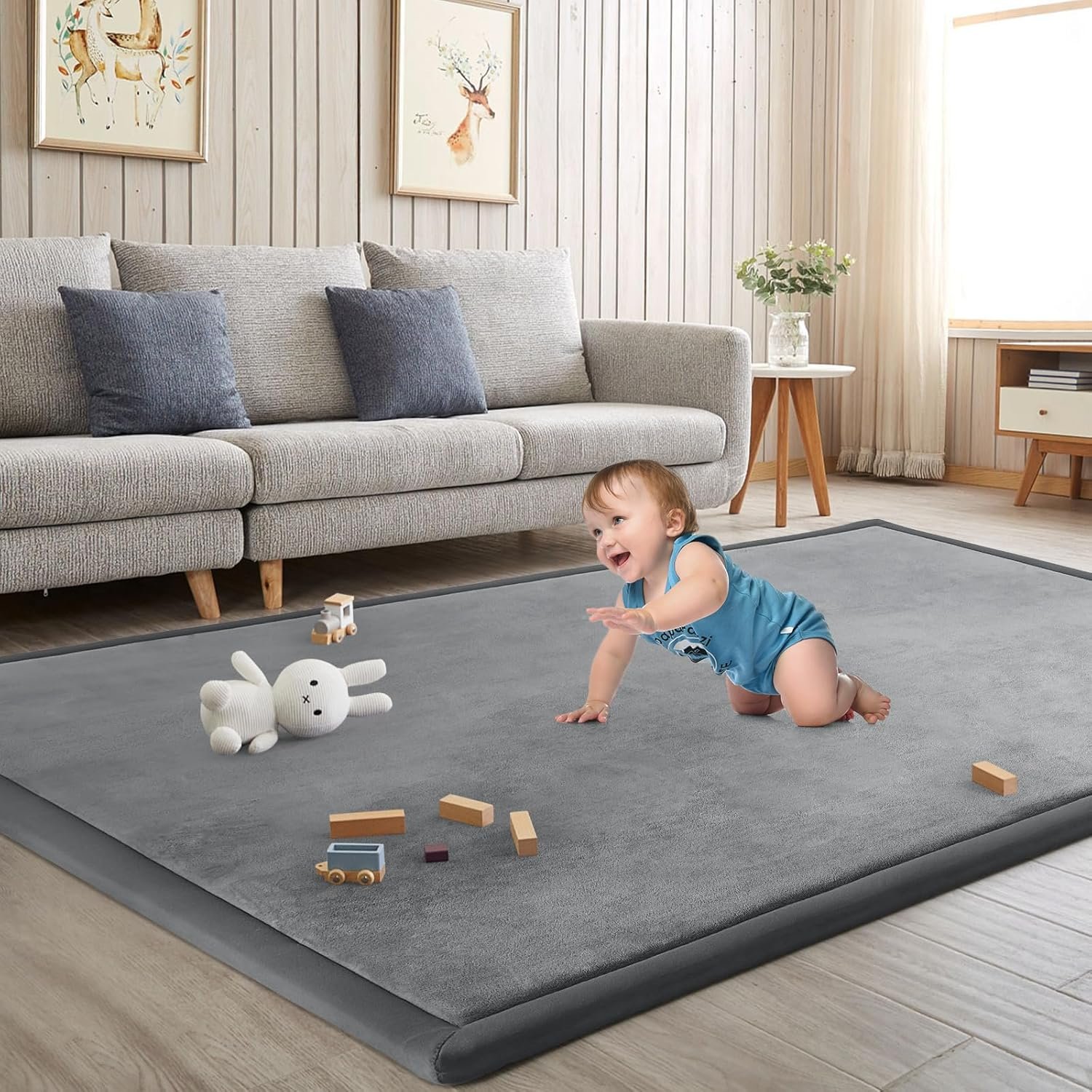 Baby Play Mat for Floor Nursery Rug Muscle Mat Area Rug Playroom Rug 50″x50″ Playpen Mat Elastic Foam 1.3″ Thick Crawling Mat For Babies,Toddlers, Infants, Kids,Grey