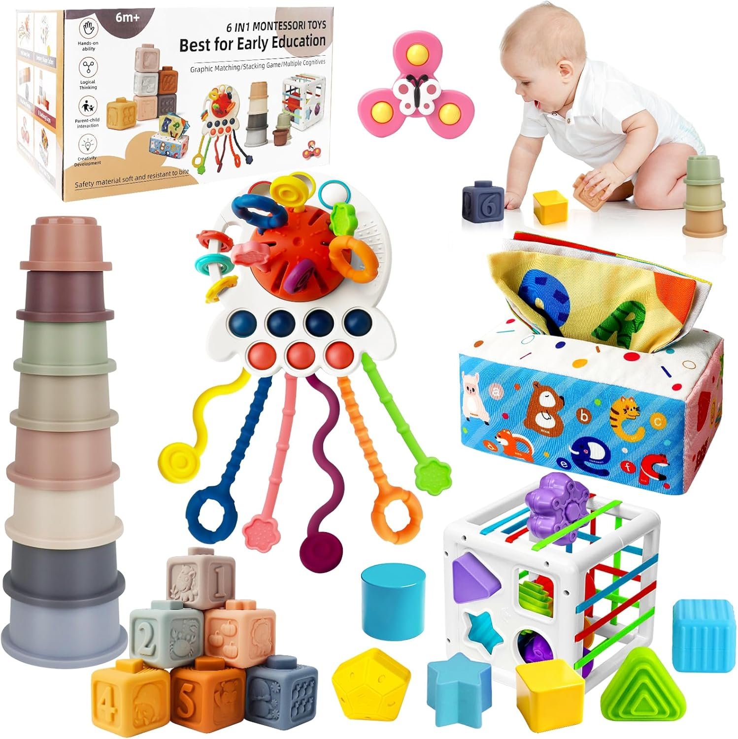 6 in 1 Montessori Toys for Babies 6-12 Months Up – Incl Pull String Toy, Stacking Cups, Tissue Box, Suction Cup Spinner, Stacking Blocks,Activity Cube, Baby Toys for 1 2 3 Year Old