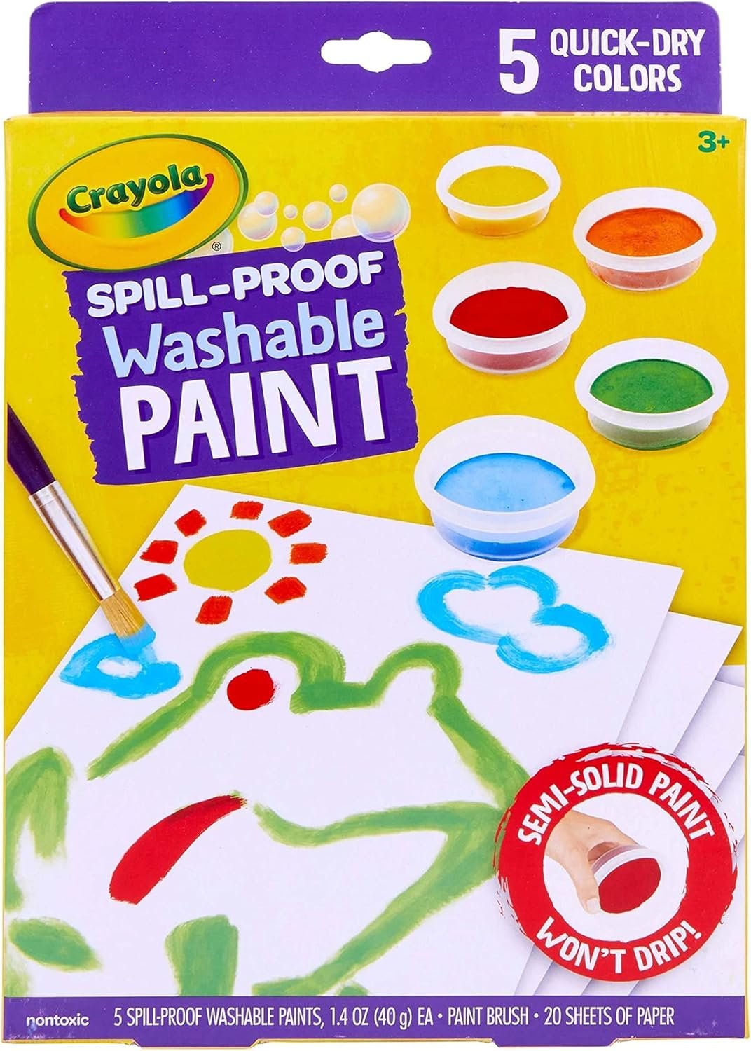 Crayola Spill Proof Paint Set – Washable Paint for Kids, Includes Paint Brush & Paper, No Drip, Less Mess Arts & Crafts, Toddler Gift, Ages 3+