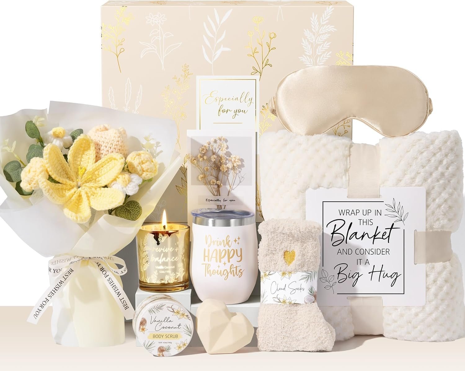 MAYICIVO Birthday Gifts for Women Self Care Package Get Well Soon Gift Baskets, Thinking of You Sympathy Spa Gift Set w/Crochet Flower Bouquet, Unique for Women Mom Her Best Friend Sister Wife